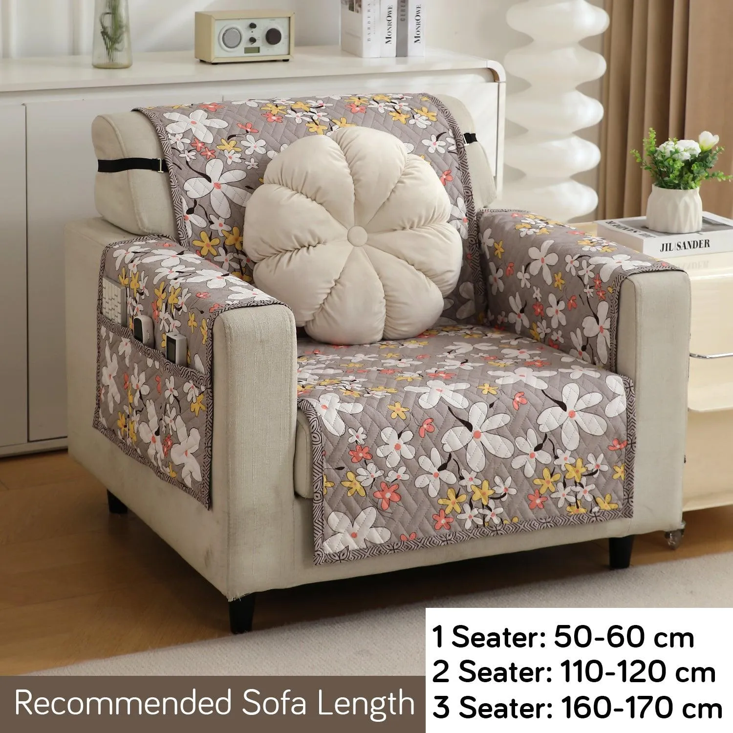 HOKIPO Quilted 1/2/3 Seater Sofa Cover with Pockets, Pastel Brown Sandwort Flower