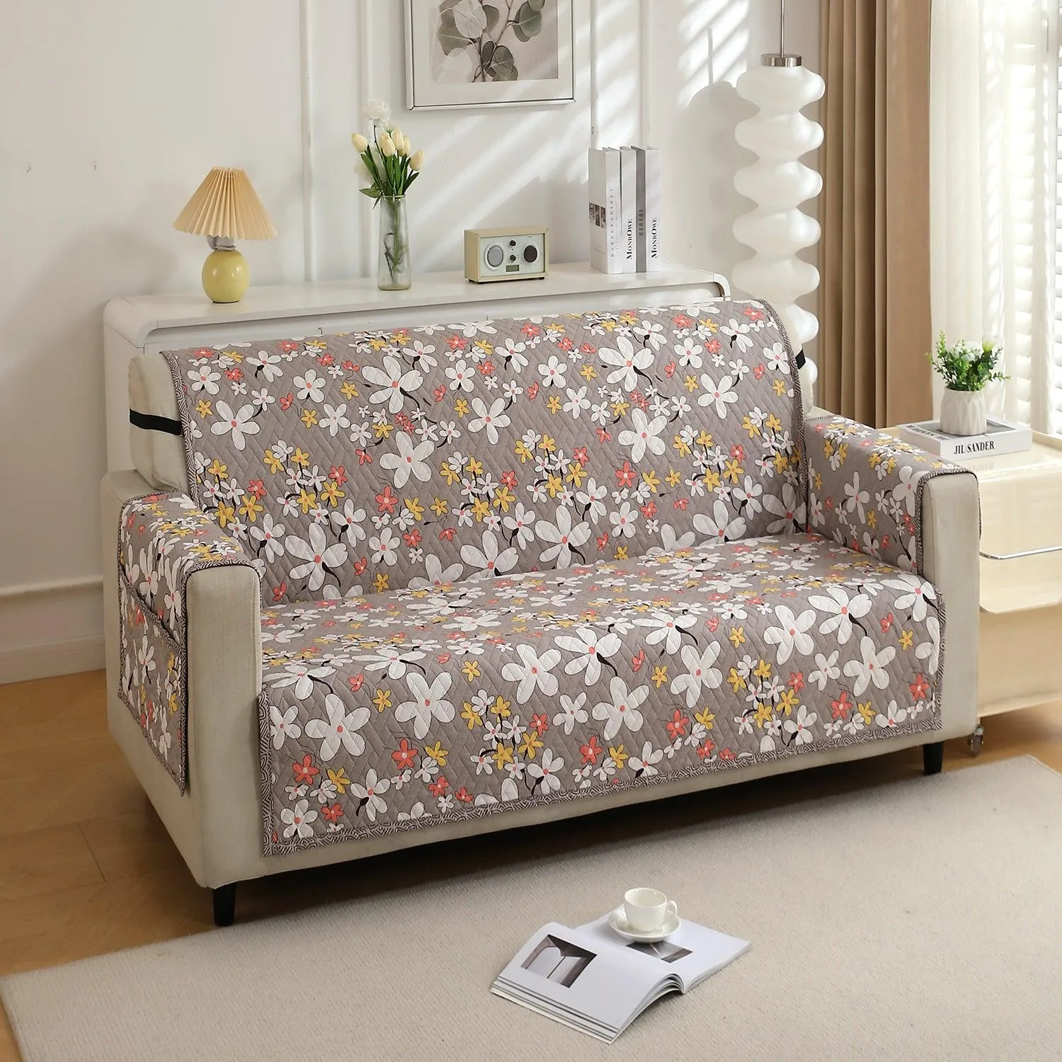 HOKIPO Quilted 1/2/3 Seater Sofa Cover with Pockets, Pastel Brown Sandwort Flower