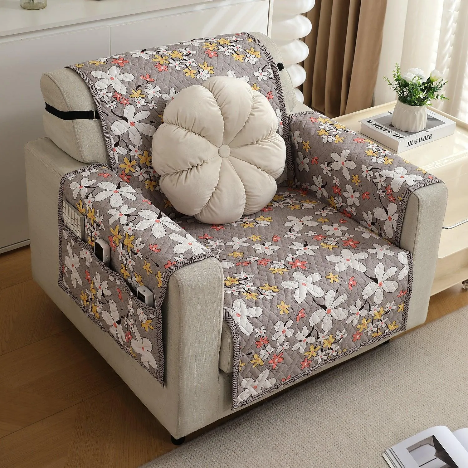 HOKIPO Quilted 1/2/3 Seater Sofa Cover with Pockets, Pastel Brown Sandwort Flower