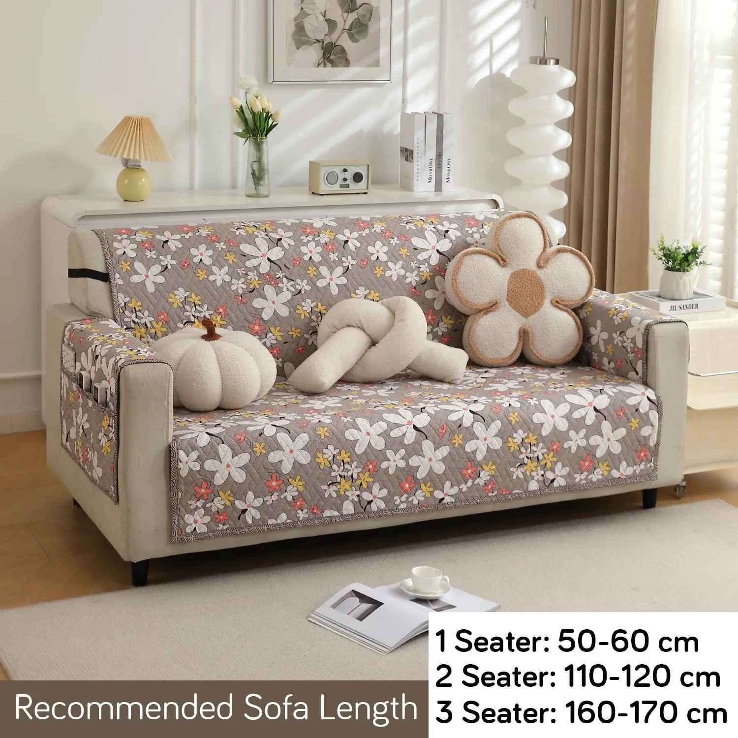 HOKIPO Quilted 1/2/3 Seater Sofa Cover with Pockets, Pastel Brown Sandwort Flower