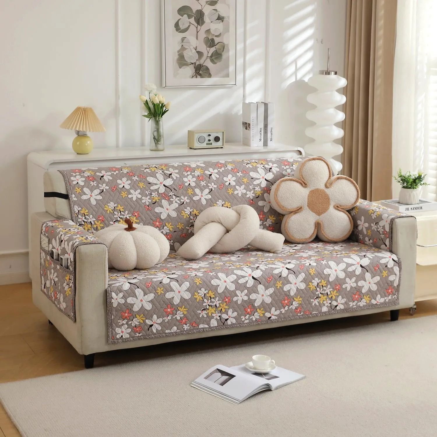 HOKIPO Quilted 1/2/3 Seater Sofa Cover with Pockets, Pastel Brown Sandwort Flower