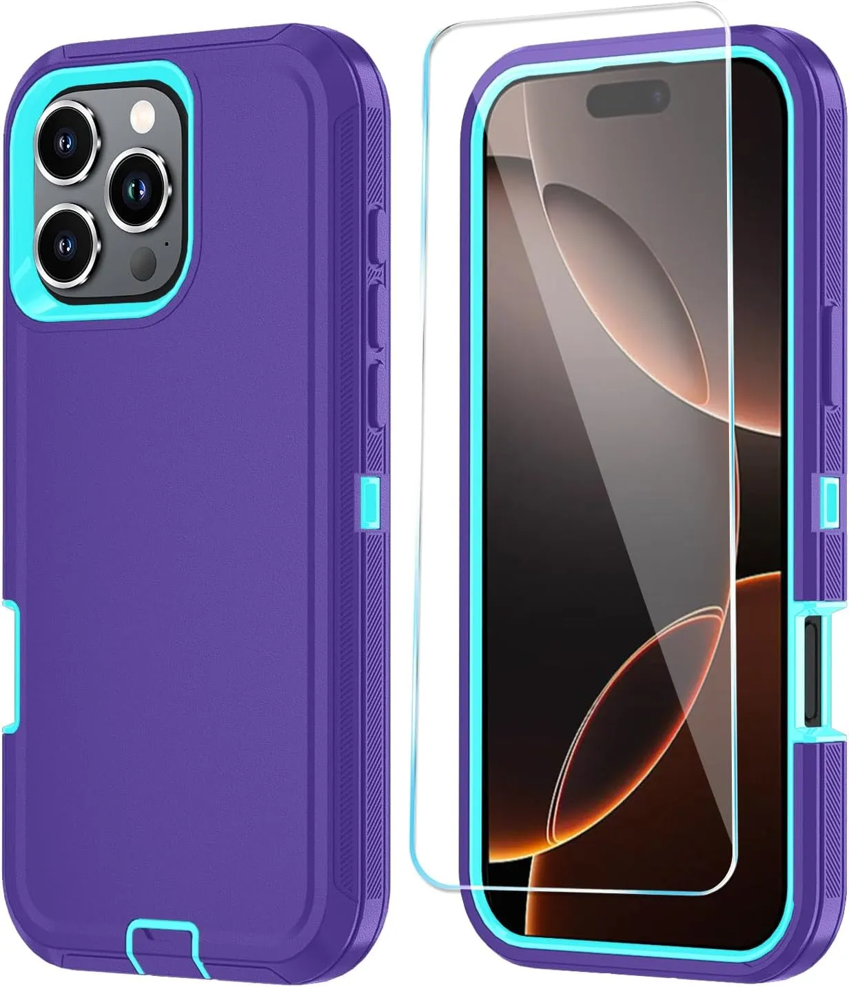 iPhone 16 Pro Case HD Screen Protector Heavy Duty Shockproof & Dust Proof Purple Sky Blue