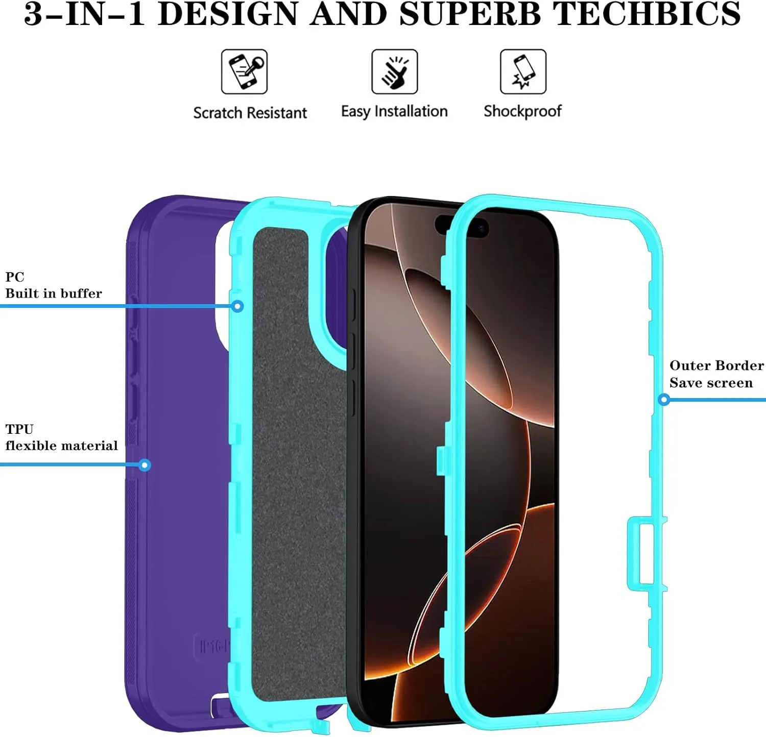 iPhone 16 Pro Case HD Screen Protector Heavy Duty Shockproof & Dust Proof Purple Sky Blue