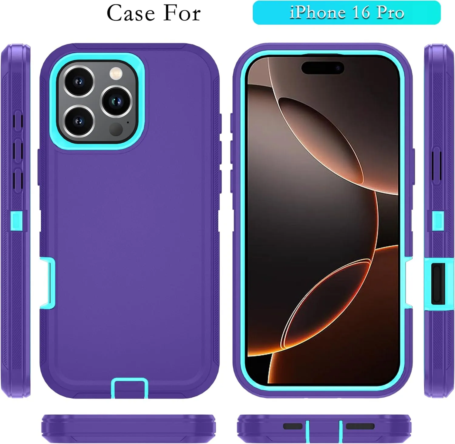 iPhone 16 Pro Case HD Screen Protector Heavy Duty Shockproof & Dust Proof Purple Sky Blue