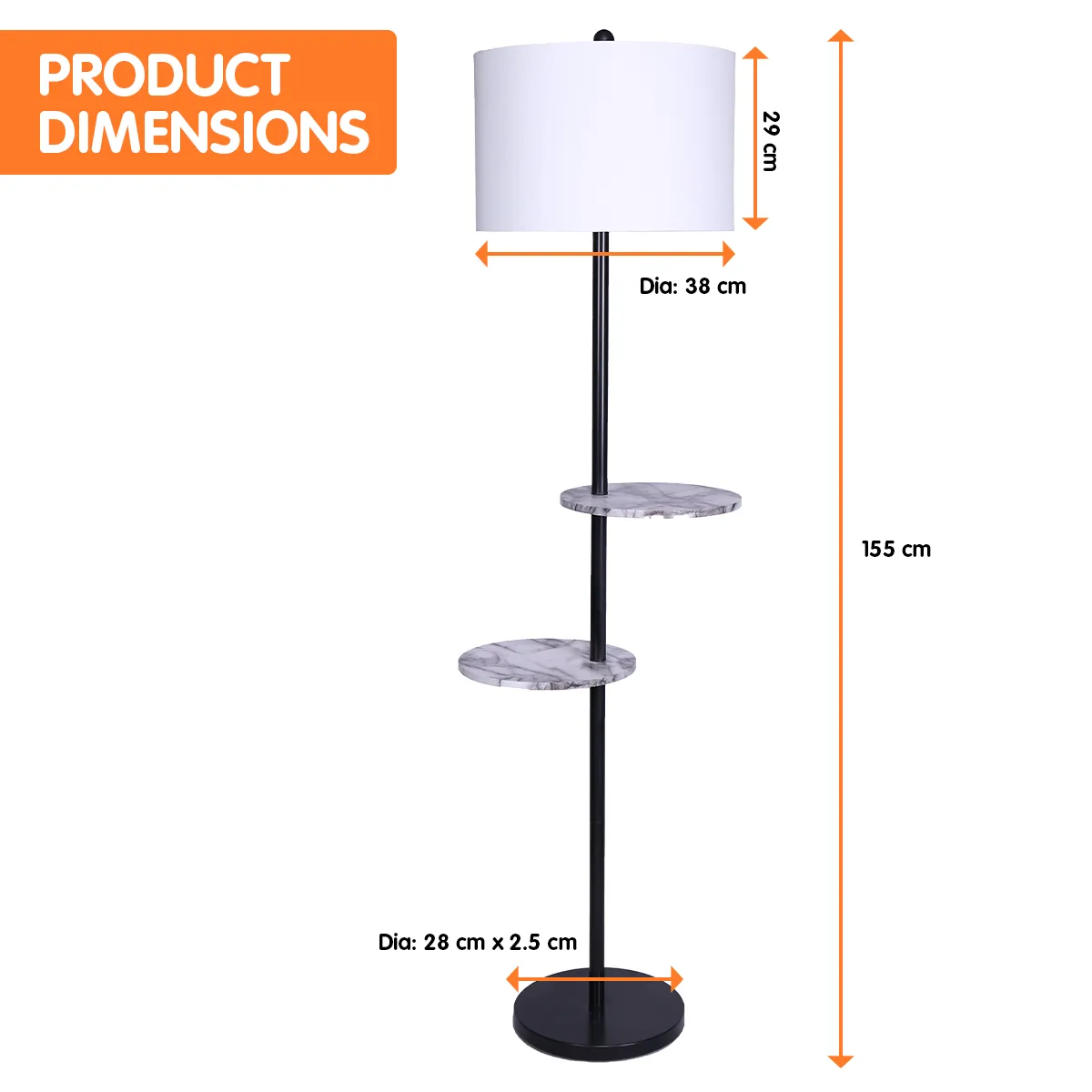 Modern Shelf Floor Lamp w/ Marble-Effect Shelves, White Shade