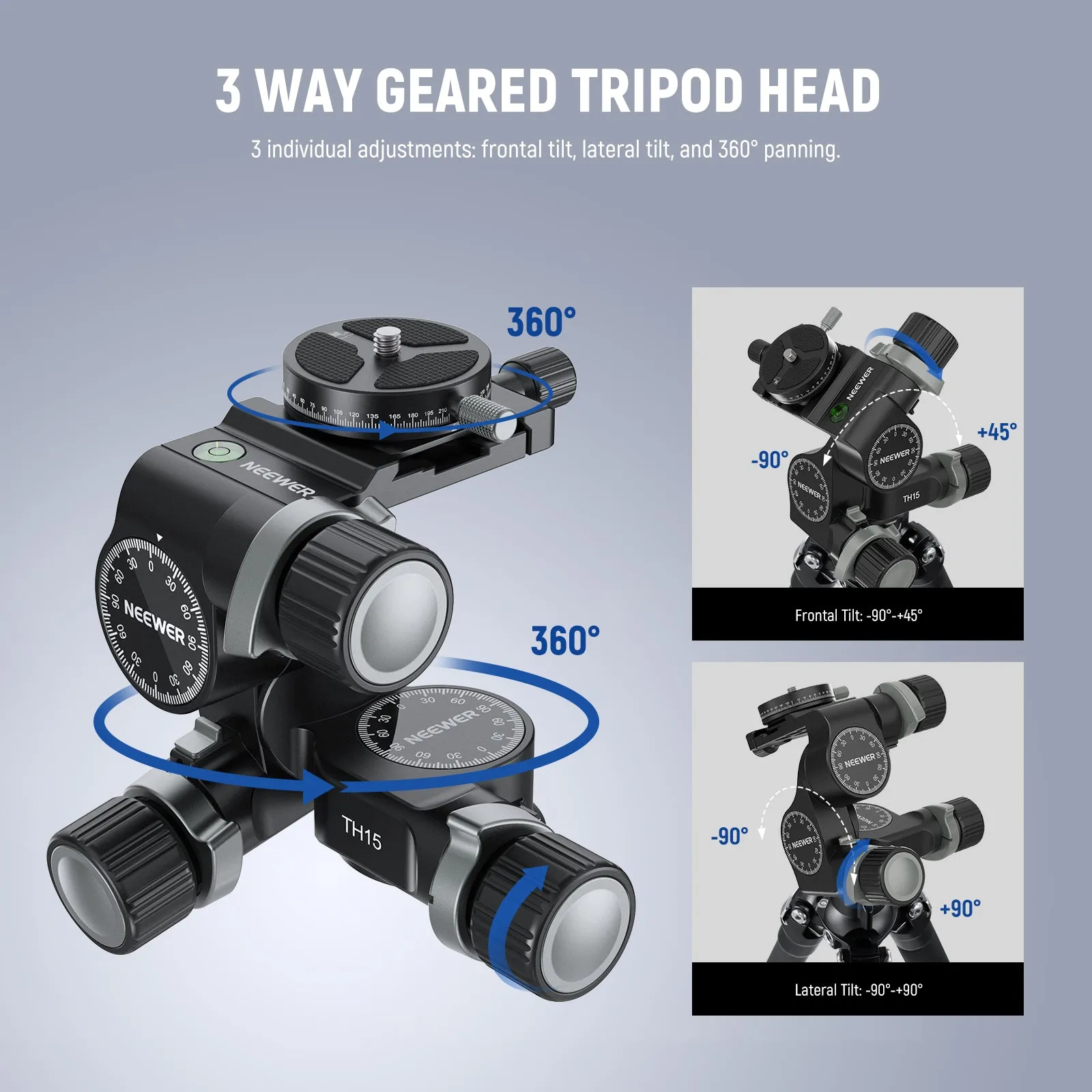 NEEWER TH15/TH16 3-Way Geared Tripod Head