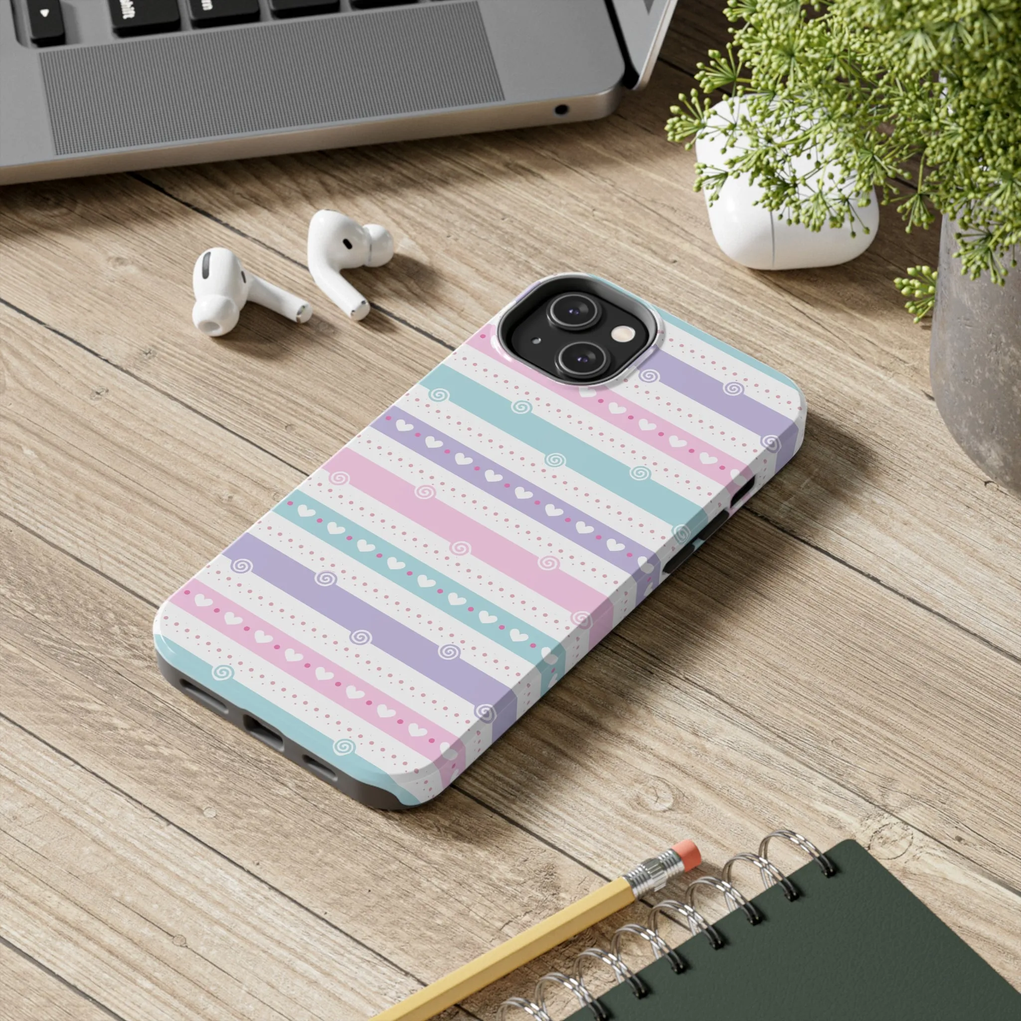 Pastel Stripes and Hearts print design Tough Phone Case compatible with a large variety of iphone models