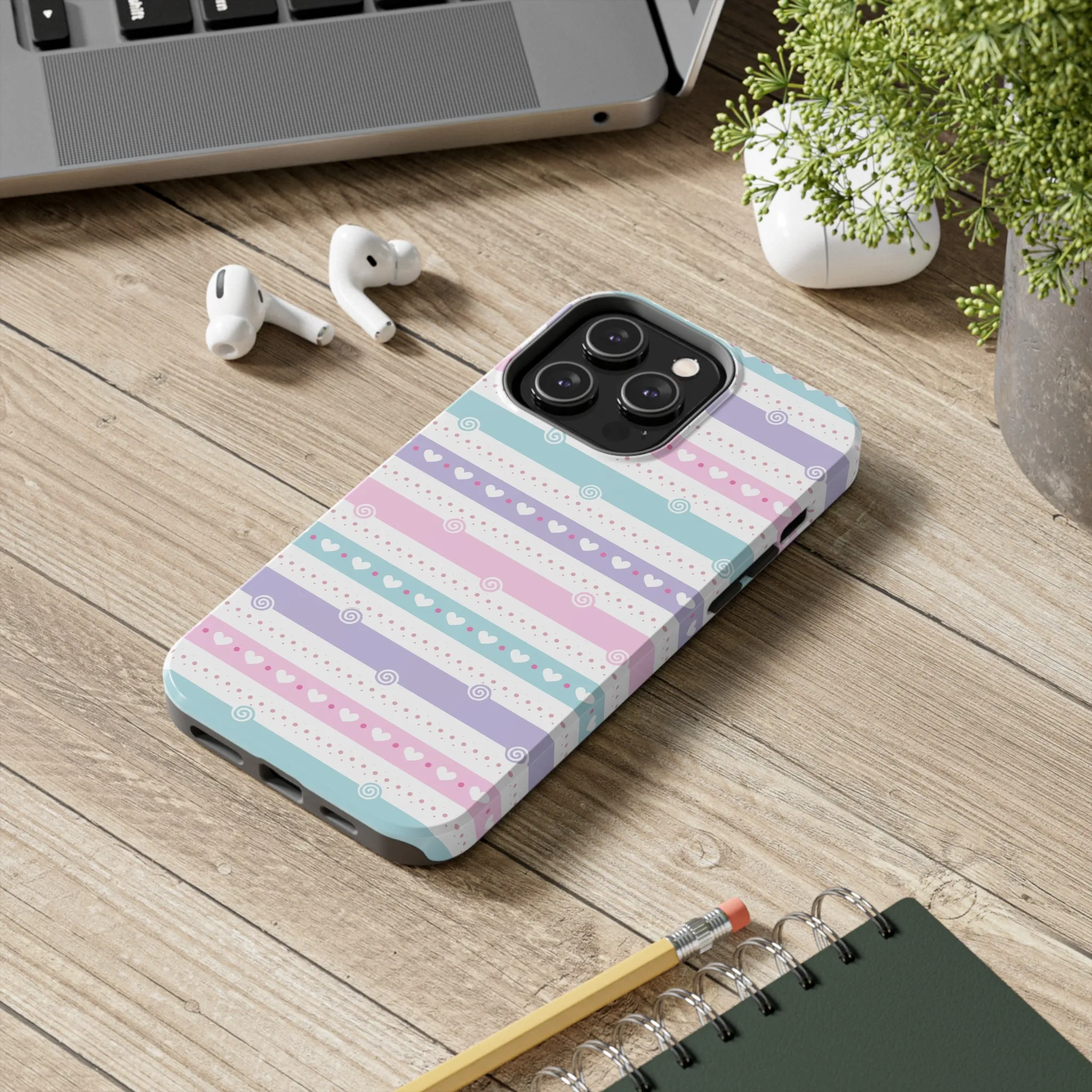 Pastel Stripes and Hearts print design Tough Phone Case compatible with a large variety of iphone models