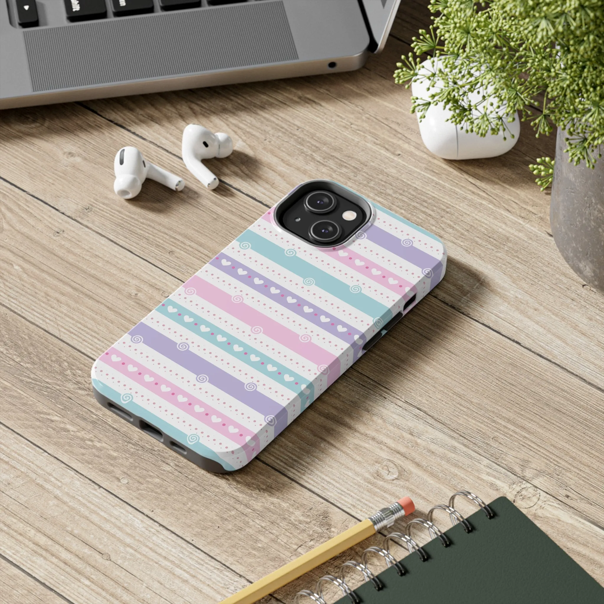 Pastel Stripes and Hearts print design Tough Phone Case compatible with a large variety of iphone models