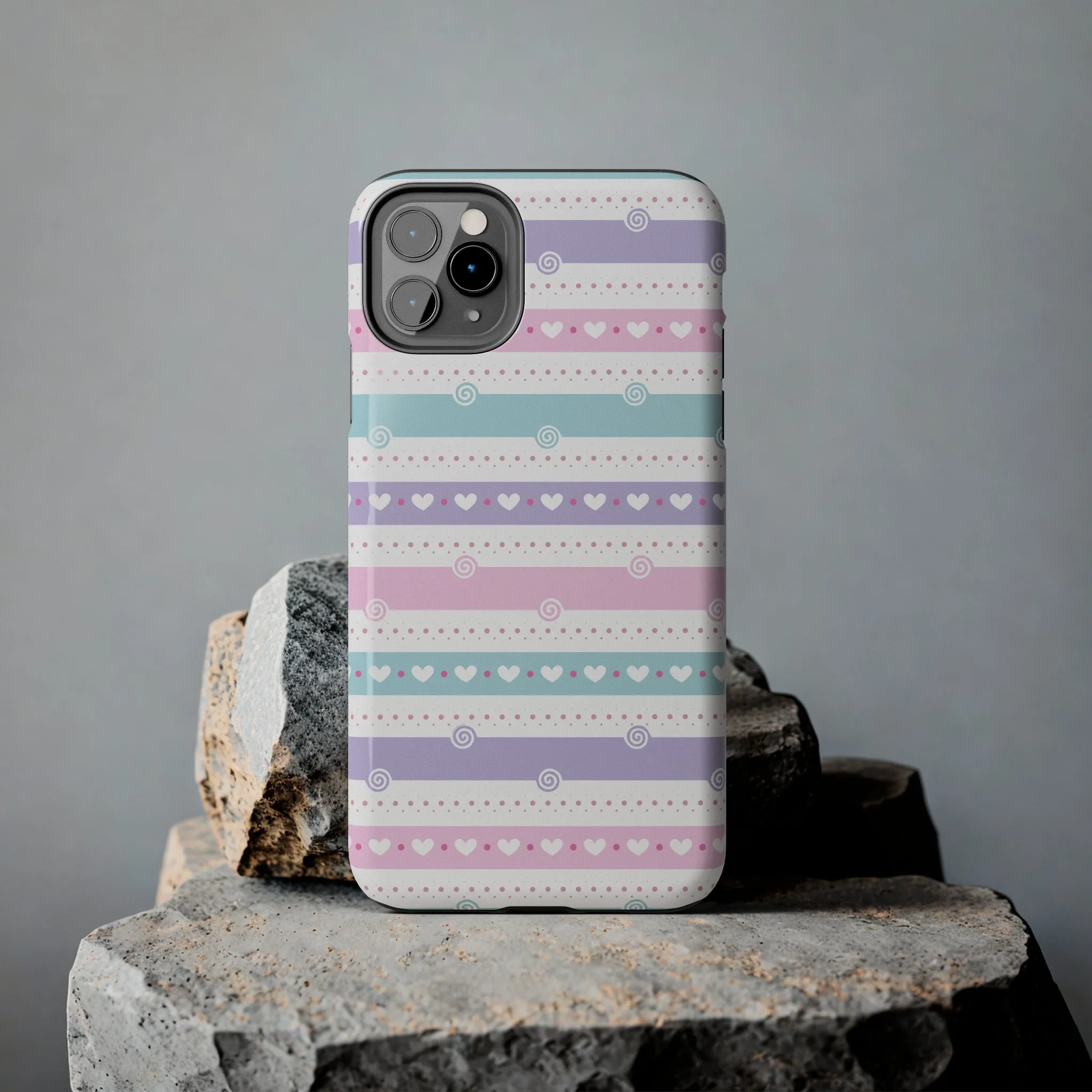 Pastel Stripes and Hearts print design Tough Phone Case compatible with a large variety of iphone models