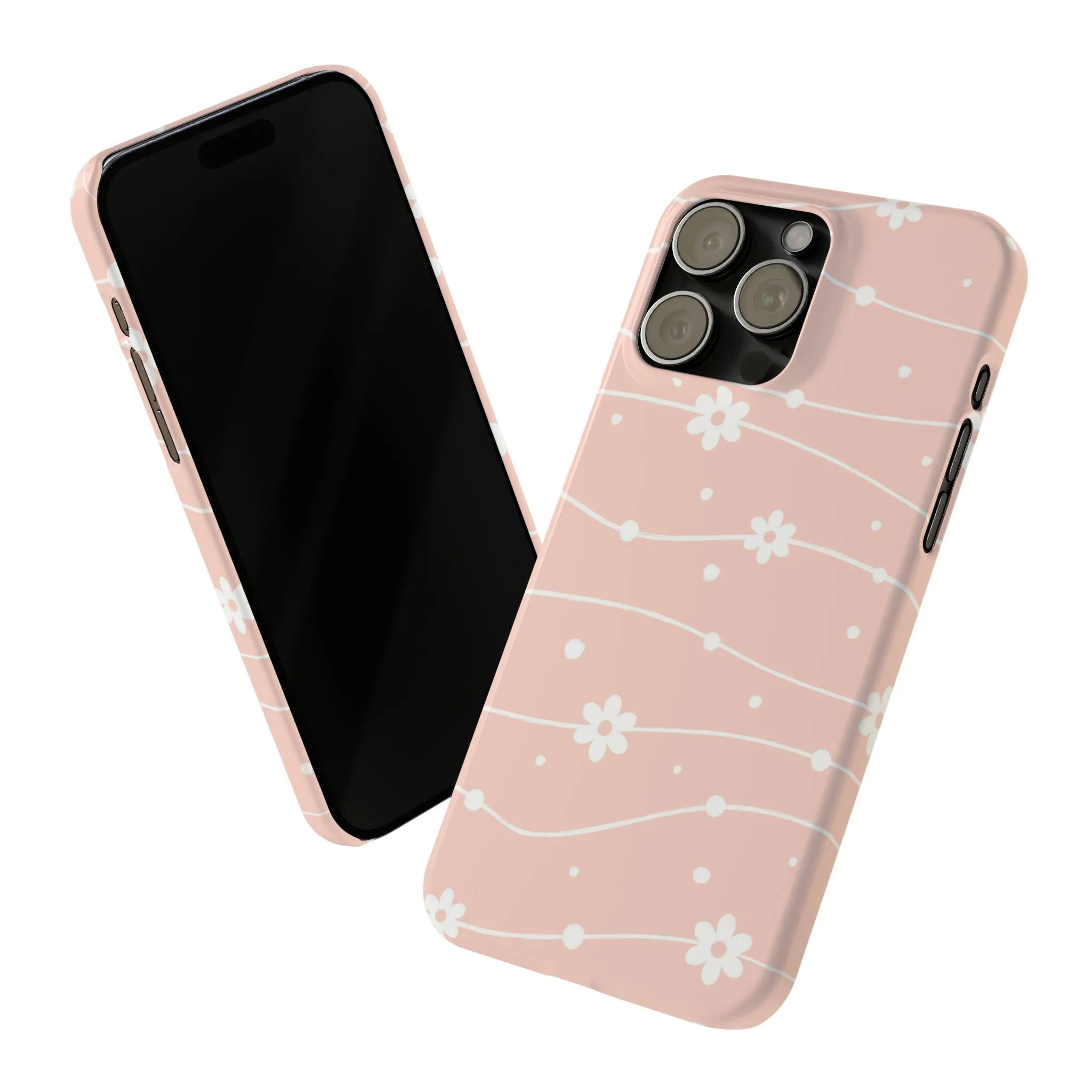 Pink background and White Daisies Polka Dots Design Sleek Elegance Wireless-Charging Compatible Phone Case Slim Phone Case compatible with over 20 iphone models