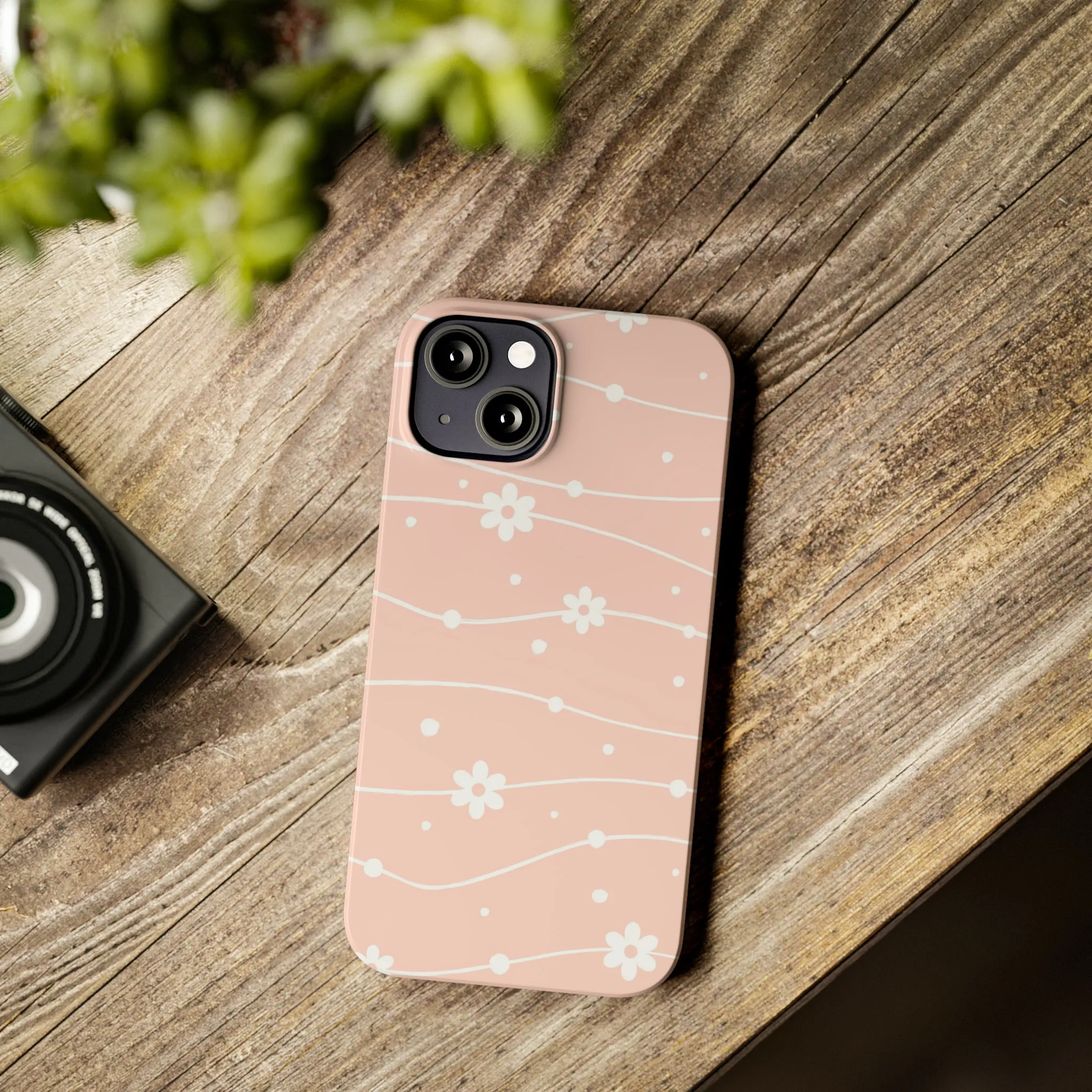 Pink background and White Daisies Polka Dots Design Sleek Elegance Wireless-Charging Compatible Phone Case Slim Phone Case compatible with over 20 iphone models