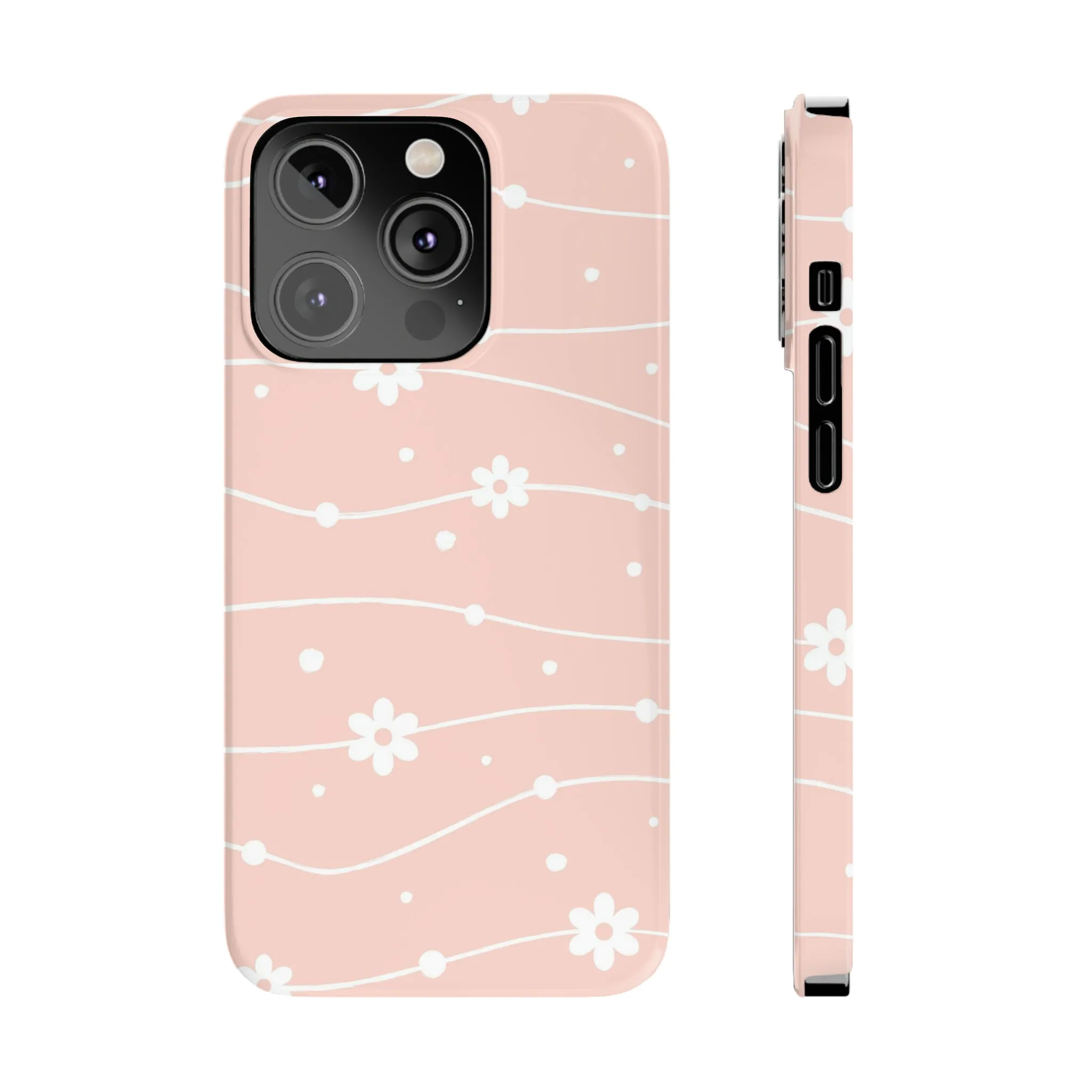 Pink background and White Daisies Polka Dots Design Sleek Elegance Wireless-Charging Compatible Phone Case Slim Phone Case compatible with over 20 iphone models