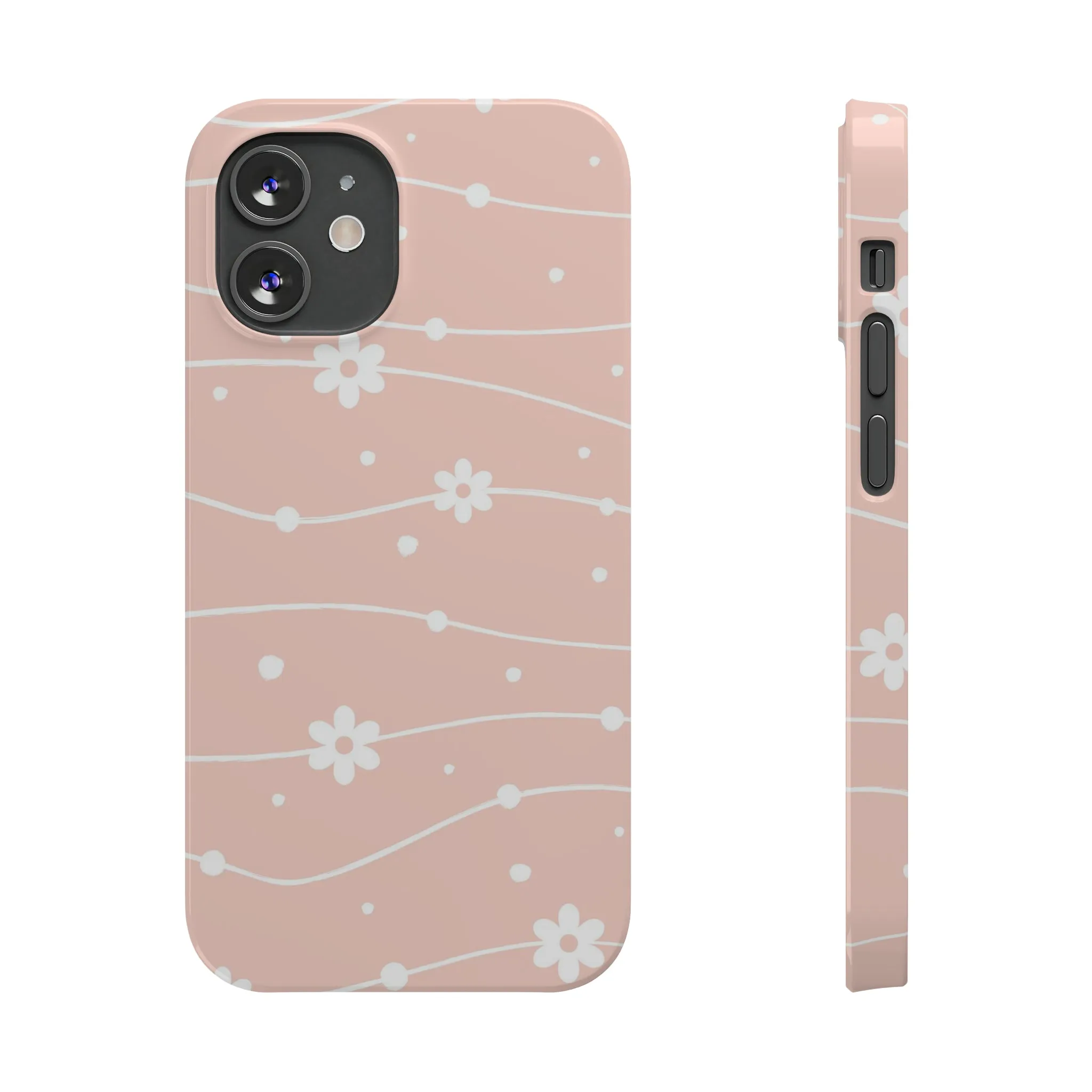 Pink background and White Daisies Polka Dots Design Sleek Elegance Wireless-Charging Compatible Phone Case Slim Phone Case compatible with over 20 iphone models