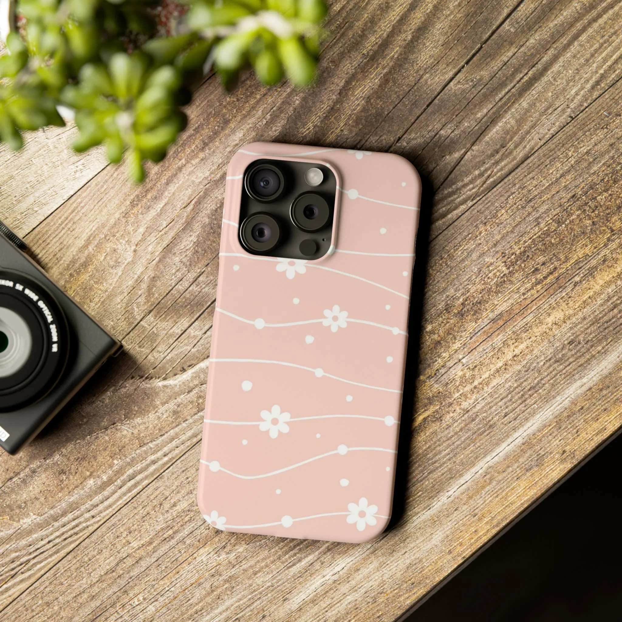 Pink background and White Daisies Polka Dots Design Sleek Elegance Wireless-Charging Compatible Phone Case Slim Phone Case compatible with over 20 iphone models