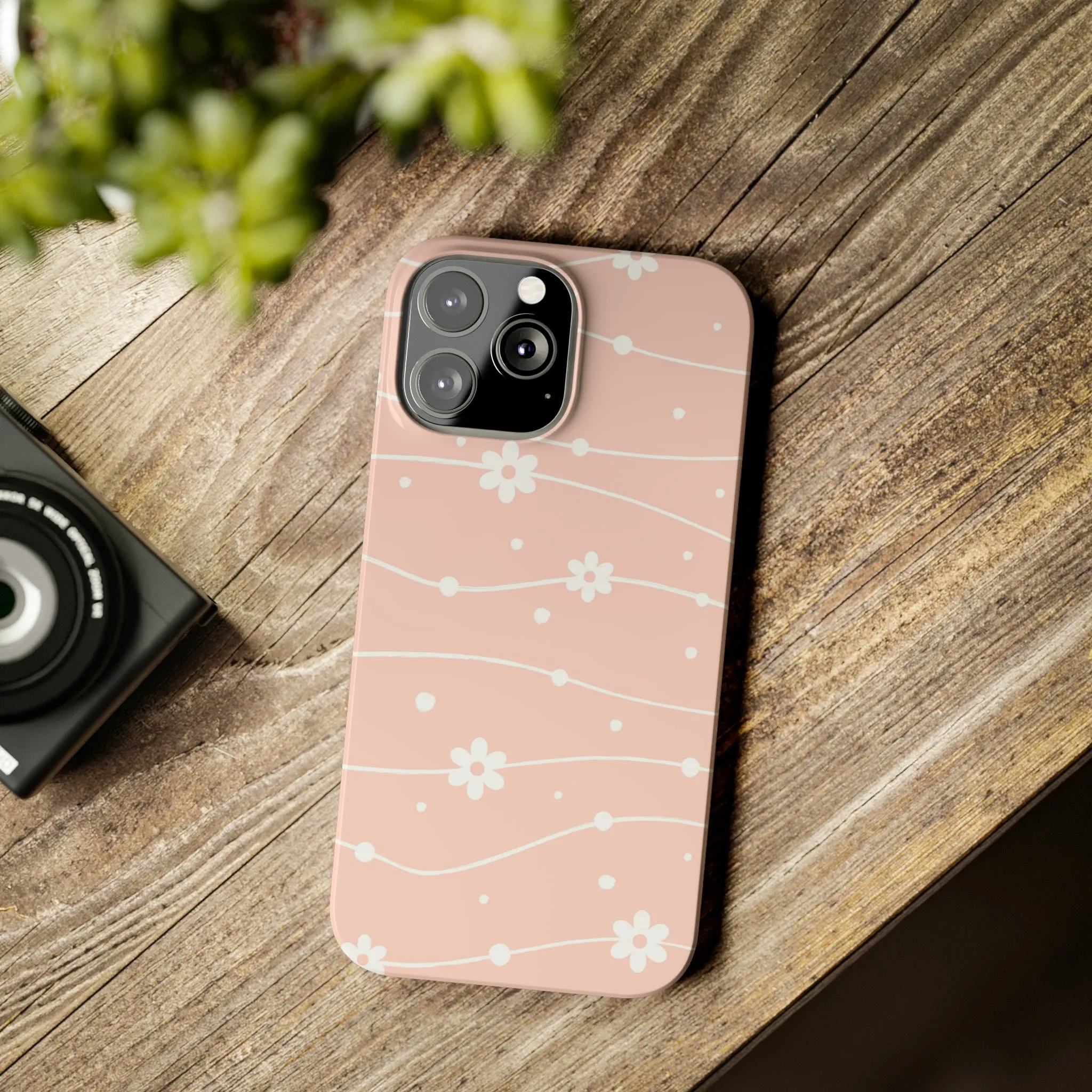 Pink background and White Daisies Polka Dots Design Sleek Elegance Wireless-Charging Compatible Phone Case Slim Phone Case compatible with over 20 iphone models