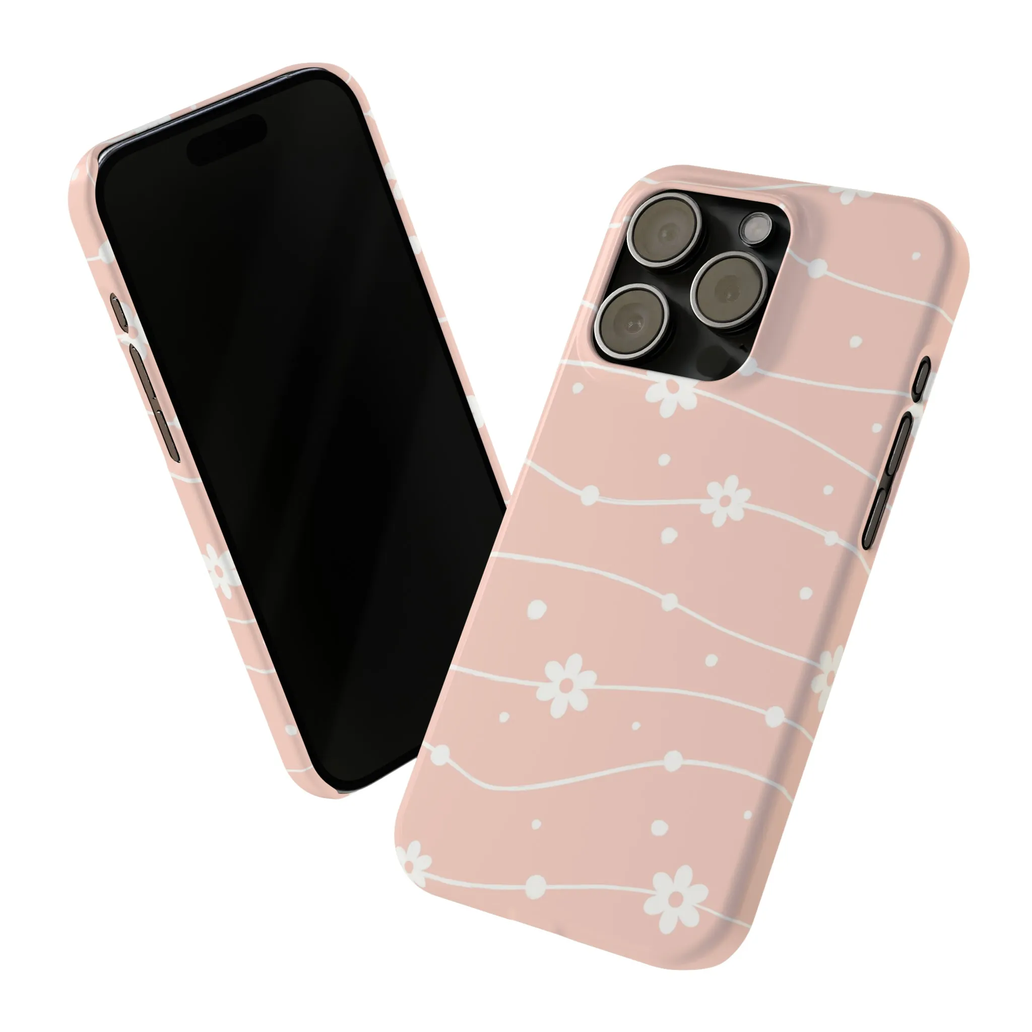 Pink background and White Daisies Polka Dots Design Sleek Elegance Wireless-Charging Compatible Phone Case Slim Phone Case compatible with over 20 iphone models