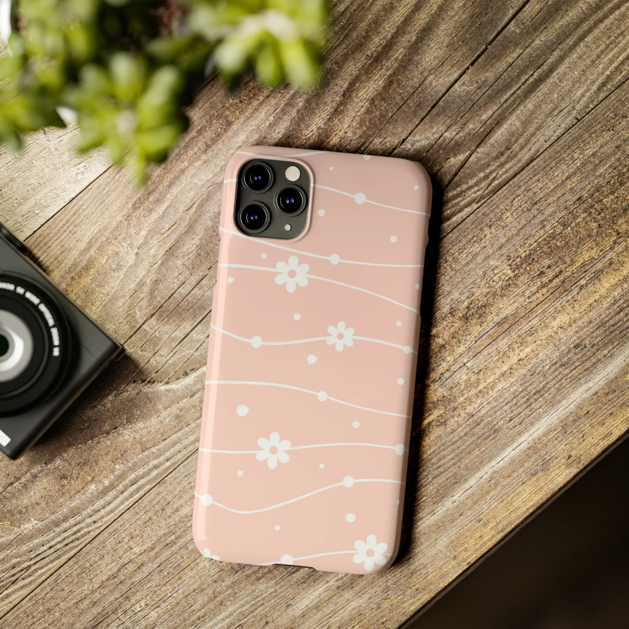 Pink background and White Daisies Polka Dots Design Sleek Elegance Wireless-Charging Compatible Phone Case Slim Phone Case compatible with over 20 iphone models