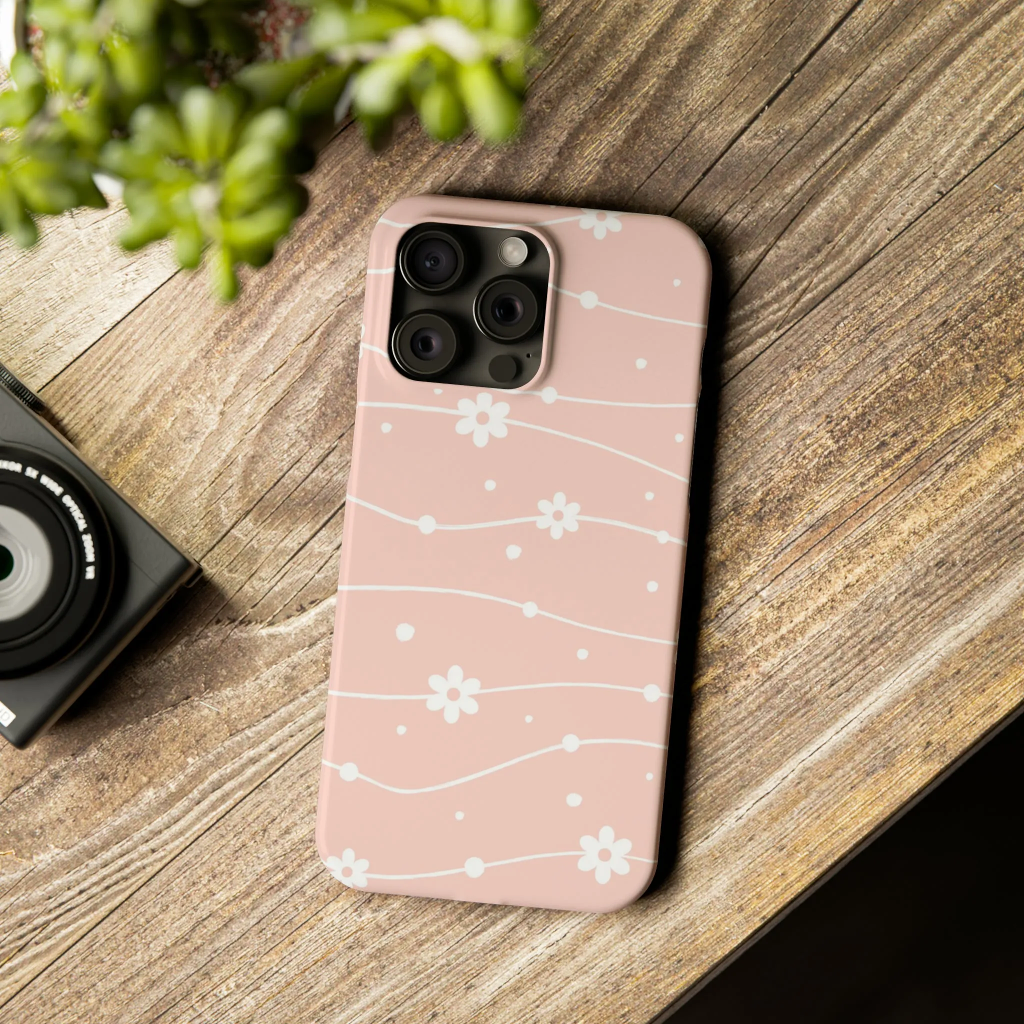 Pink background and White Daisies Polka Dots Design Sleek Elegance Wireless-Charging Compatible Phone Case Slim Phone Case compatible with over 20 iphone models