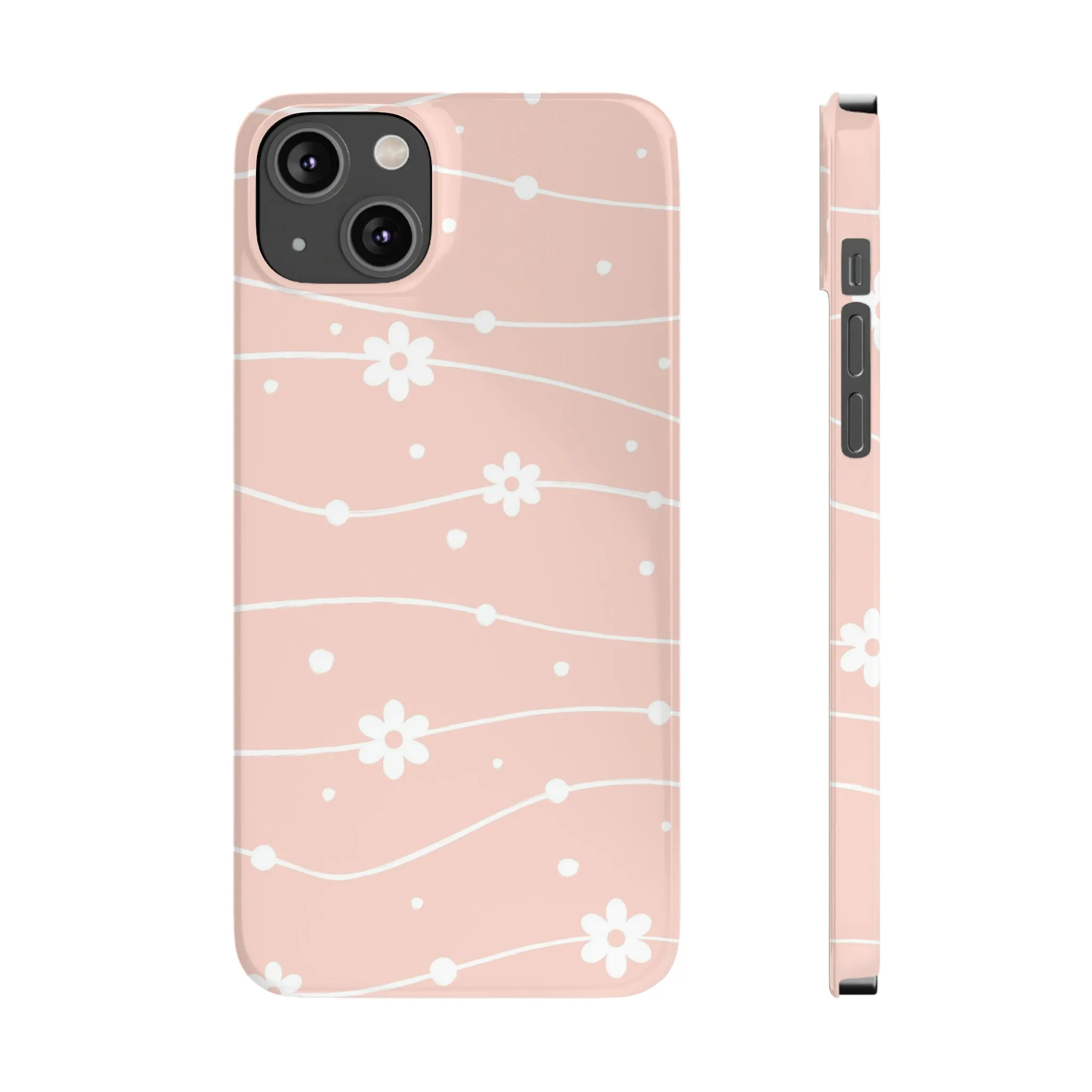 Pink background and White Daisies Polka Dots Design Sleek Elegance Wireless-Charging Compatible Phone Case Slim Phone Case compatible with over 20 iphone models