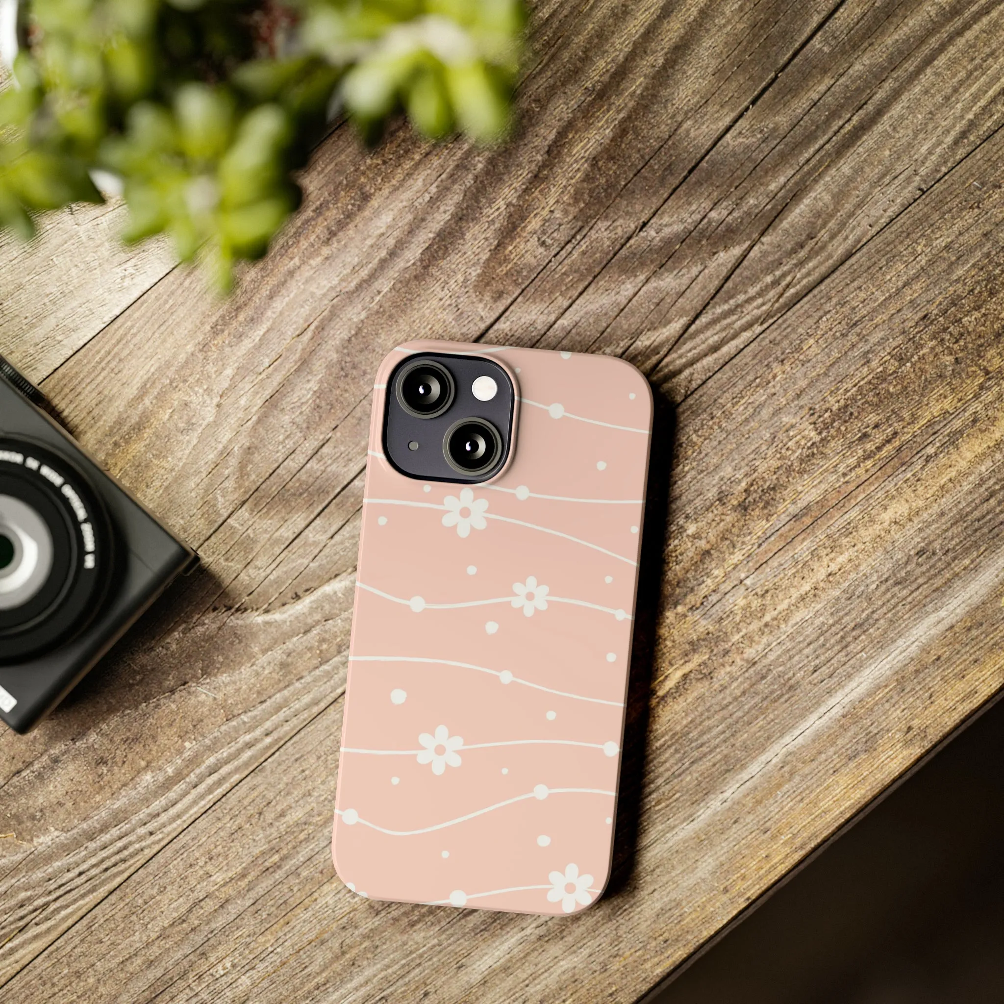 Pink background and White Daisies Polka Dots Design Sleek Elegance Wireless-Charging Compatible Phone Case Slim Phone Case compatible with over 20 iphone models