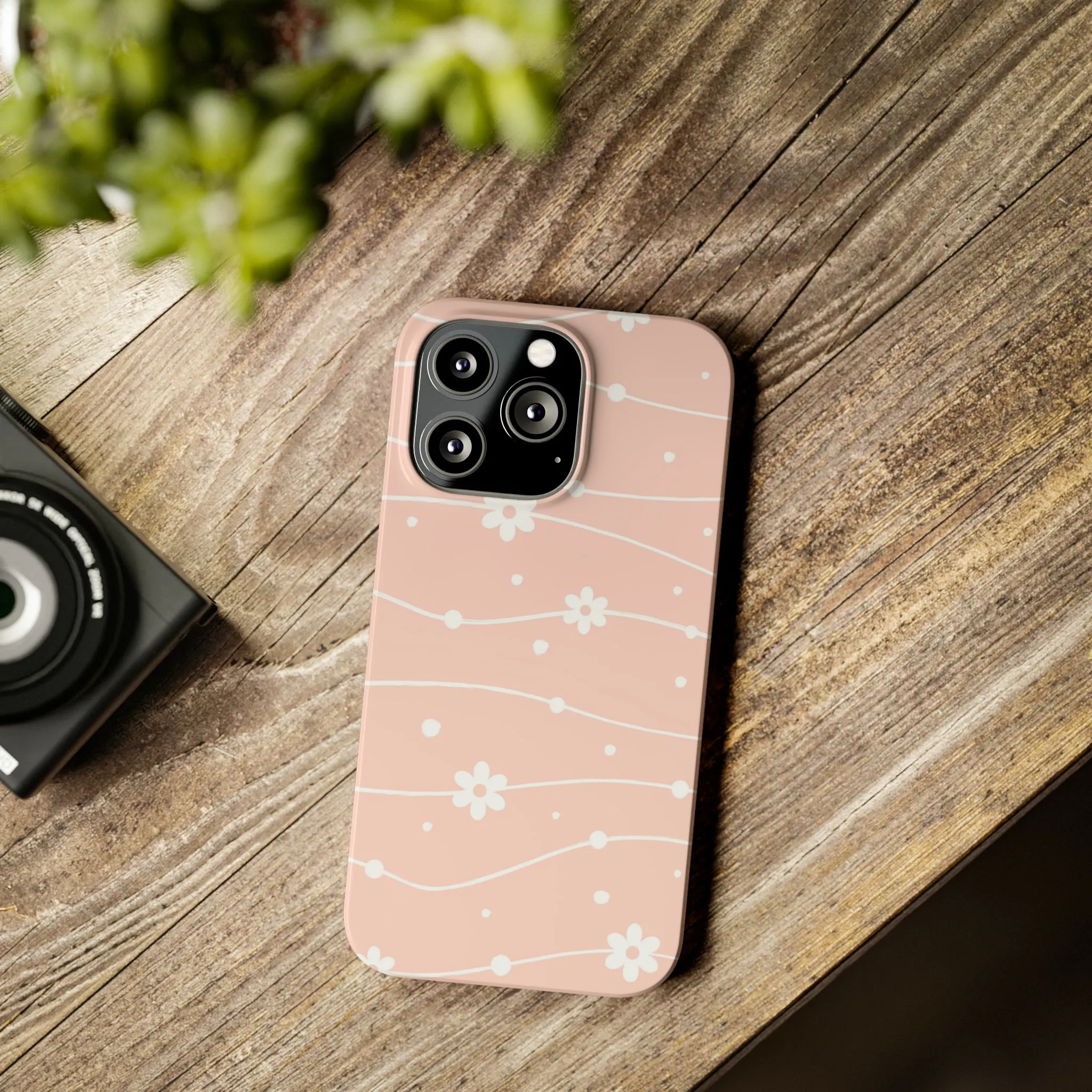 Pink background and White Daisies Polka Dots Design Sleek Elegance Wireless-Charging Compatible Phone Case Slim Phone Case compatible with over 20 iphone models