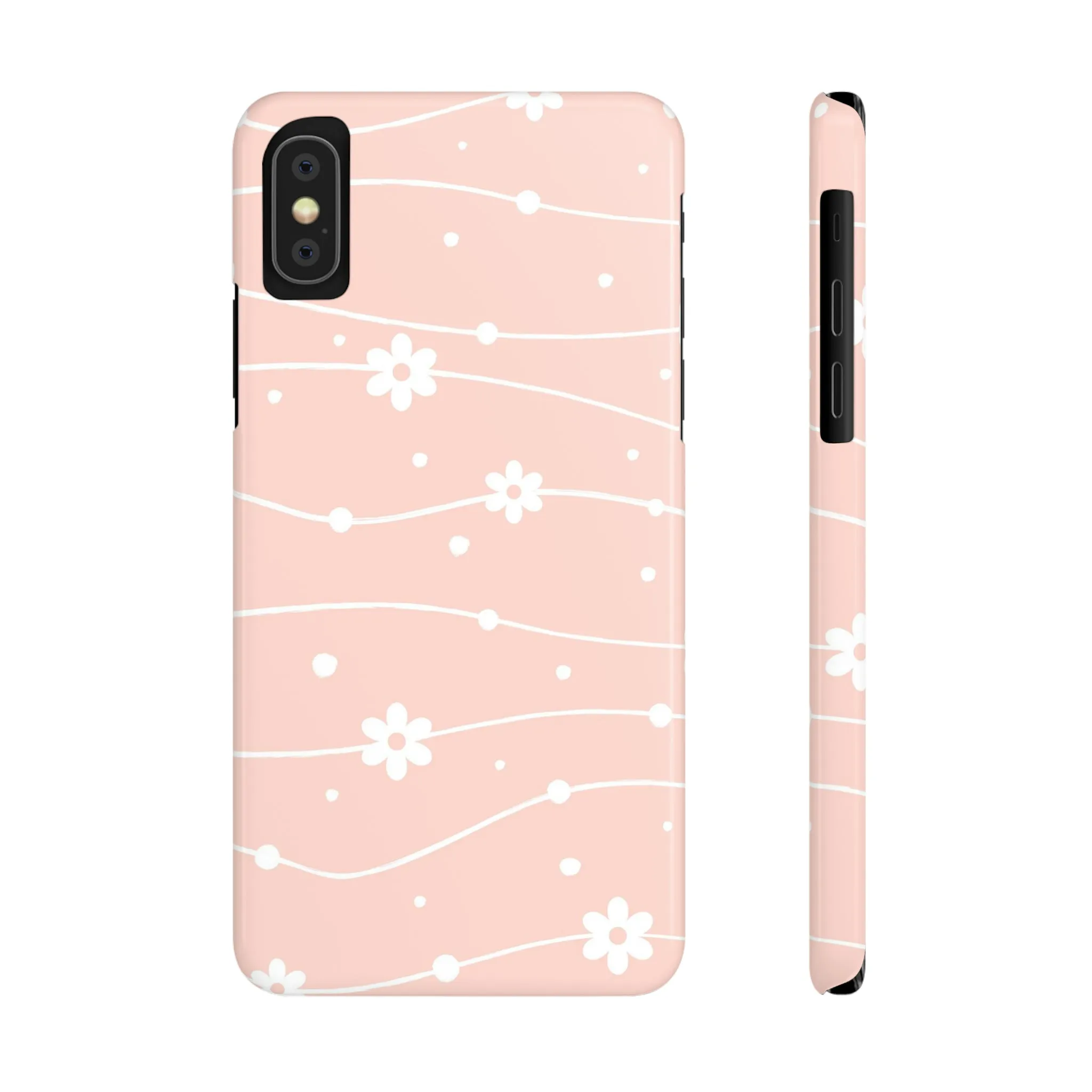 Pink background and White Daisies Polka Dots Design Sleek Elegance Wireless-Charging Compatible Phone Case Slim Phone Case compatible with over 20 iphone models