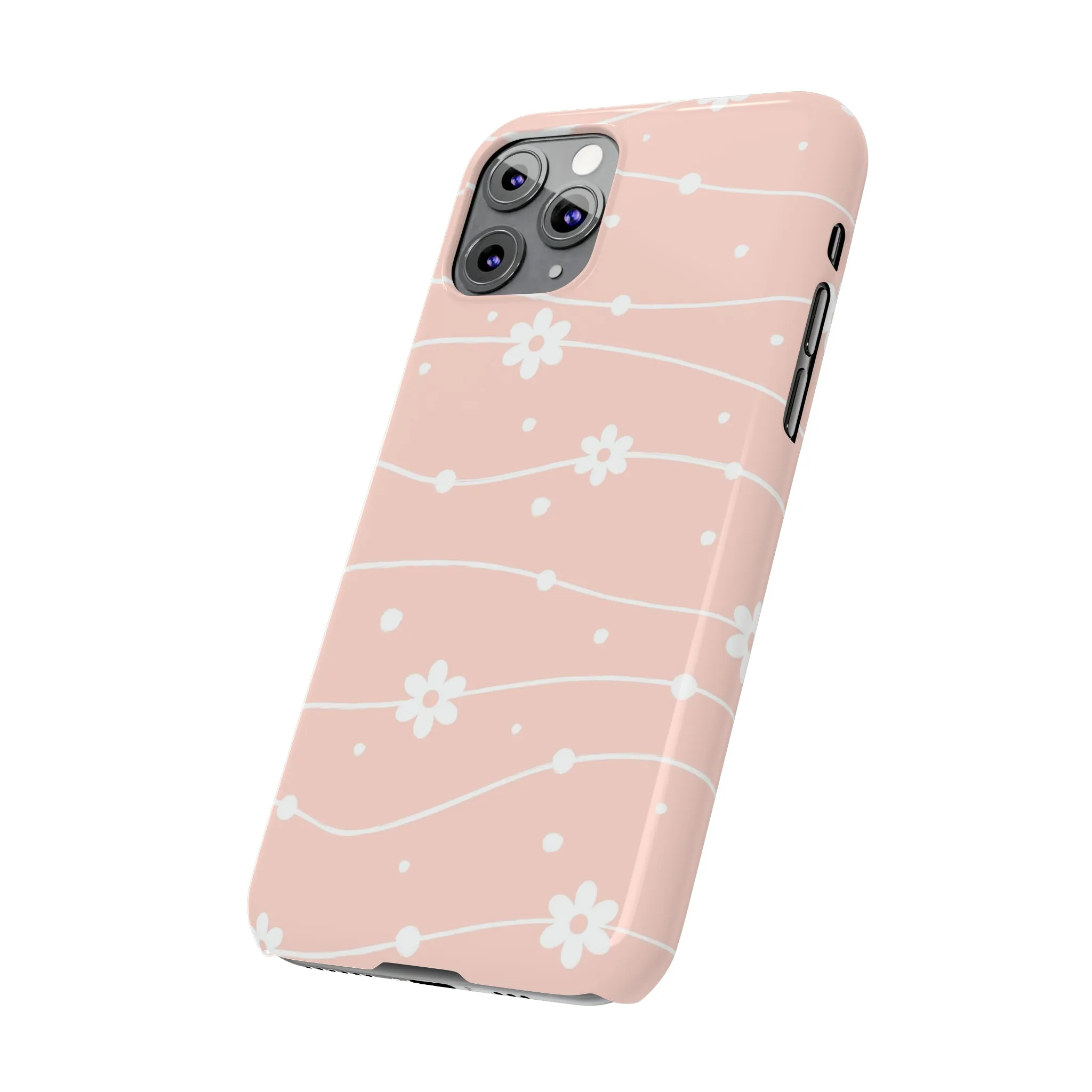 Pink background and White Daisies Polka Dots Design Sleek Elegance Wireless-Charging Compatible Phone Case Slim Phone Case compatible with over 20 iphone models