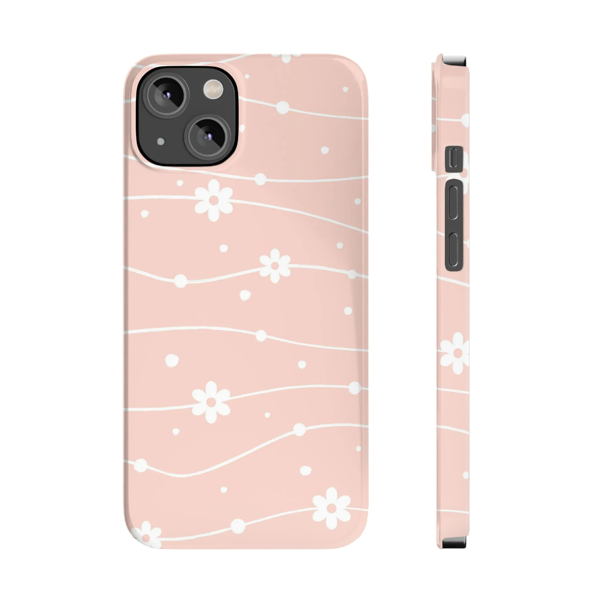 Pink background and White Daisies Polka Dots Design Sleek Elegance Wireless-Charging Compatible Phone Case Slim Phone Case compatible with over 20 iphone models