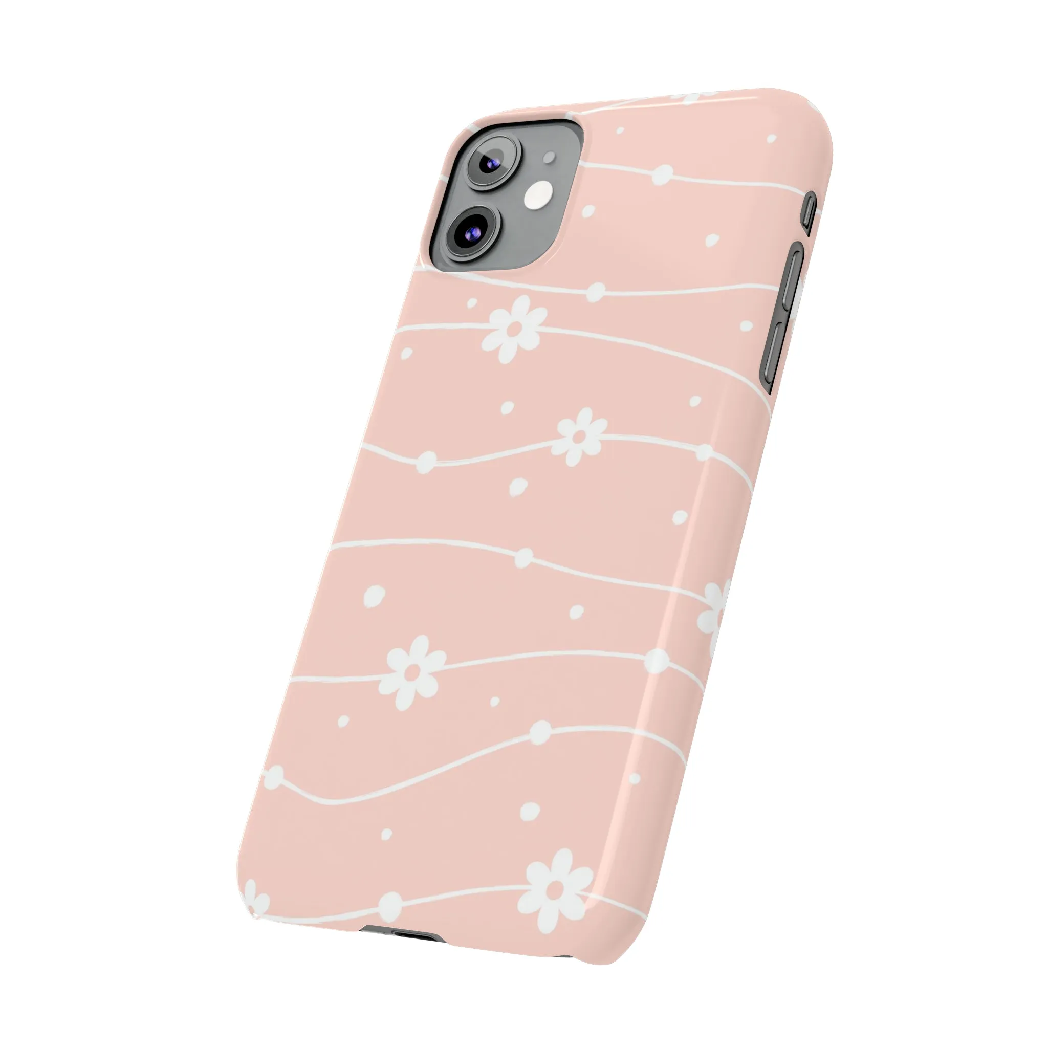 Pink background and White Daisies Polka Dots Design Sleek Elegance Wireless-Charging Compatible Phone Case Slim Phone Case compatible with over 20 iphone models