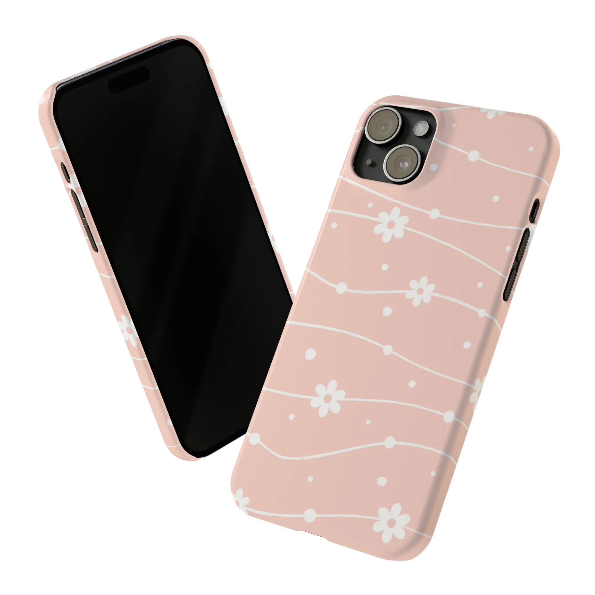 Pink background and White Daisies Polka Dots Design Sleek Elegance Wireless-Charging Compatible Phone Case Slim Phone Case compatible with over 20 iphone models