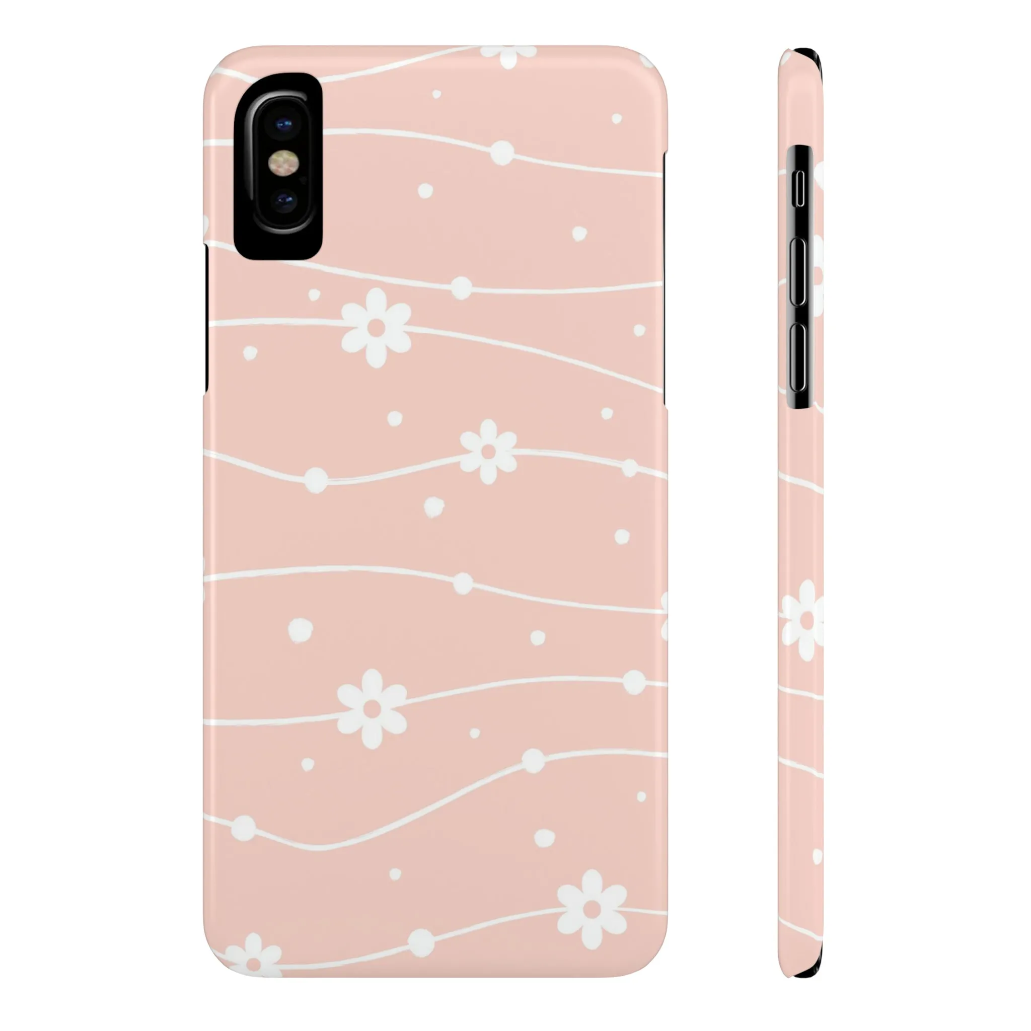 Pink background and White Daisies Polka Dots Design Sleek Elegance Wireless-Charging Compatible Phone Case Slim Phone Case compatible with over 20 iphone models