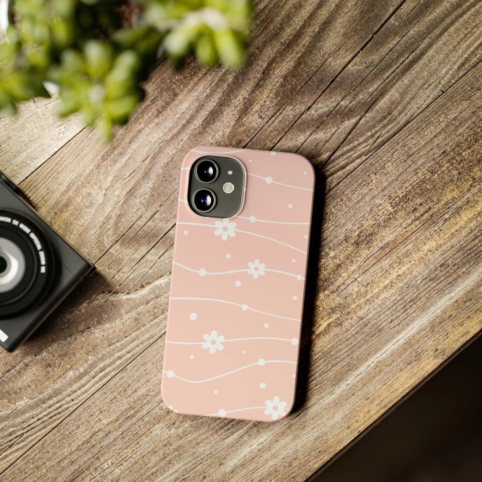 Pink background and White Daisies Polka Dots Design Sleek Elegance Wireless-Charging Compatible Phone Case Slim Phone Case compatible with over 20 iphone models