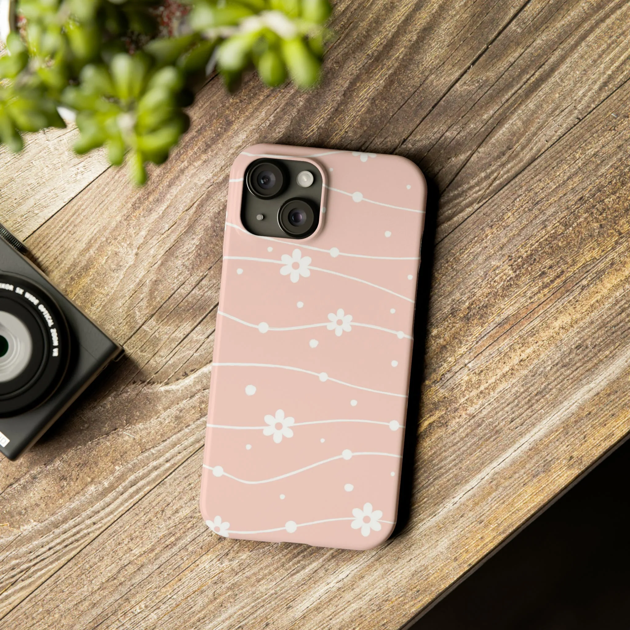 Pink background and White Daisies Polka Dots Design Sleek Elegance Wireless-Charging Compatible Phone Case Slim Phone Case compatible with over 20 iphone models