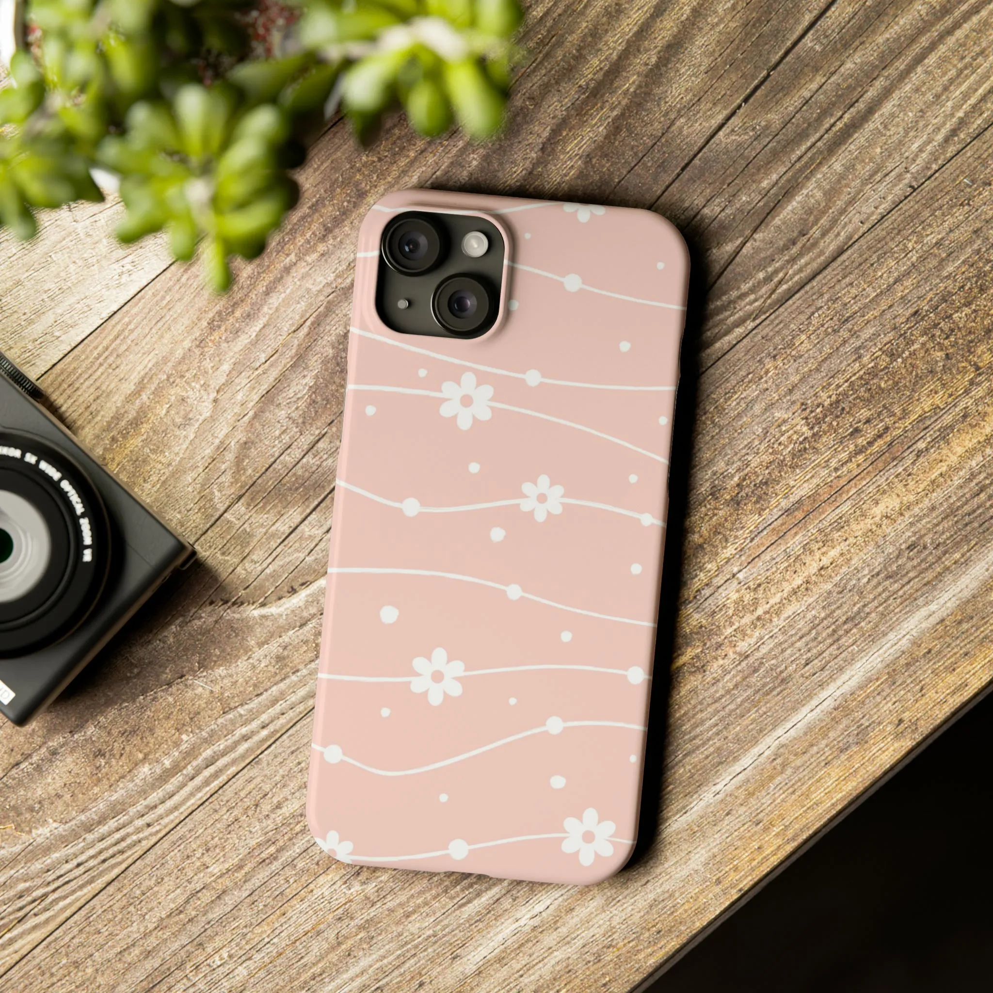 Pink background and White Daisies Polka Dots Design Sleek Elegance Wireless-Charging Compatible Phone Case Slim Phone Case compatible with over 20 iphone models