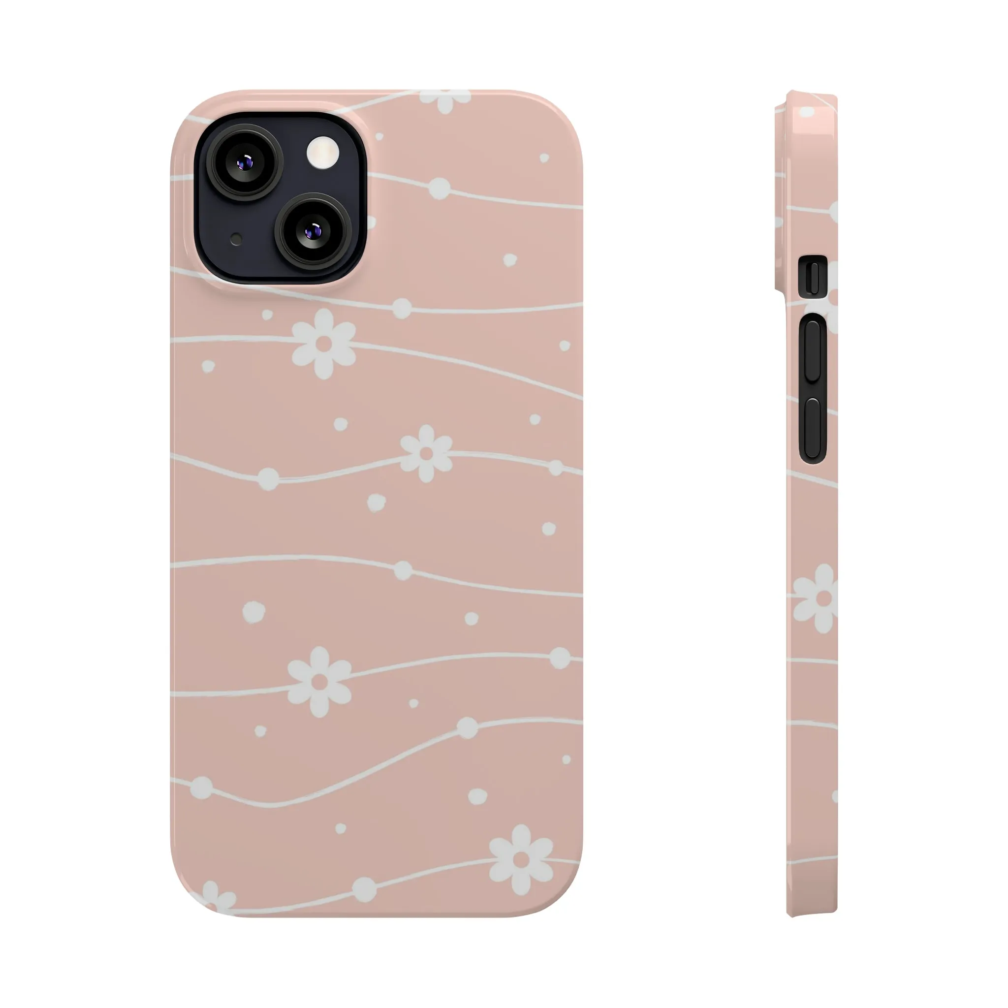 Pink background and White Daisies Polka Dots Design Sleek Elegance Wireless-Charging Compatible Phone Case Slim Phone Case compatible with over 20 iphone models