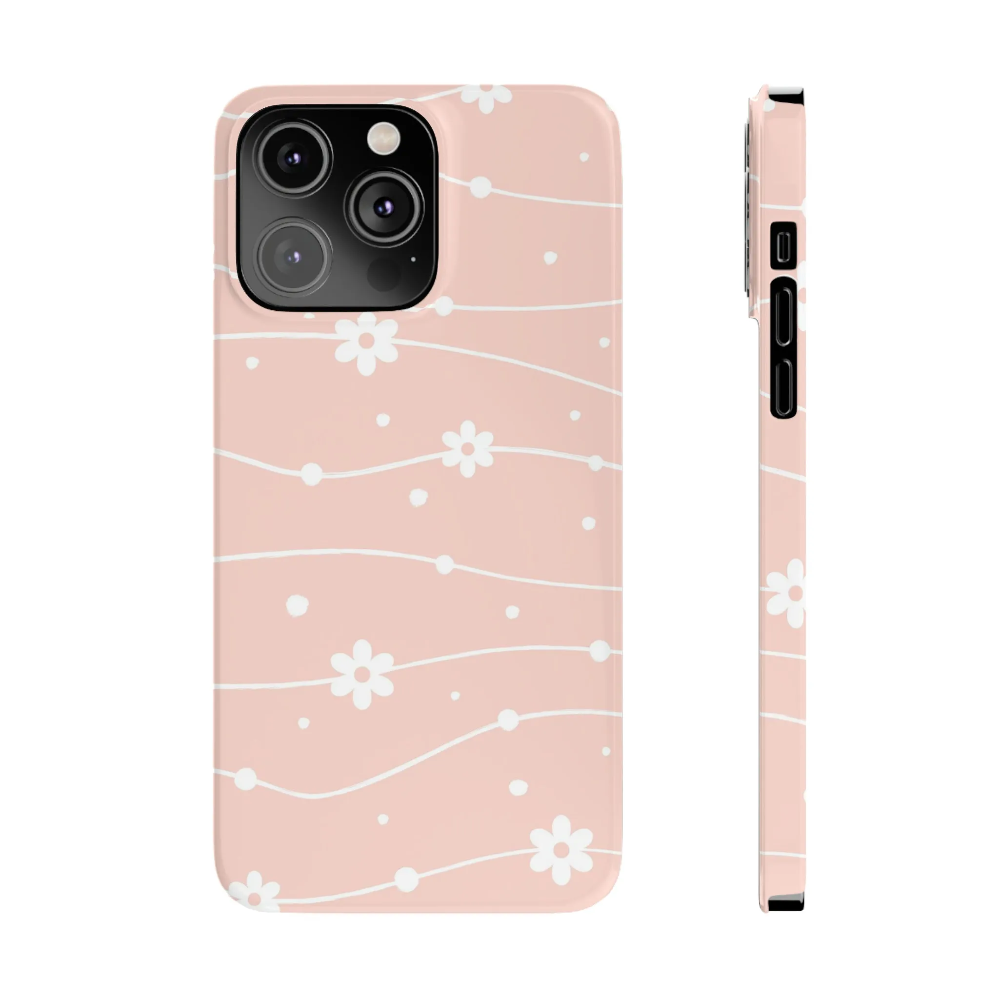 Pink background and White Daisies Polka Dots Design Sleek Elegance Wireless-Charging Compatible Phone Case Slim Phone Case compatible with over 20 iphone models