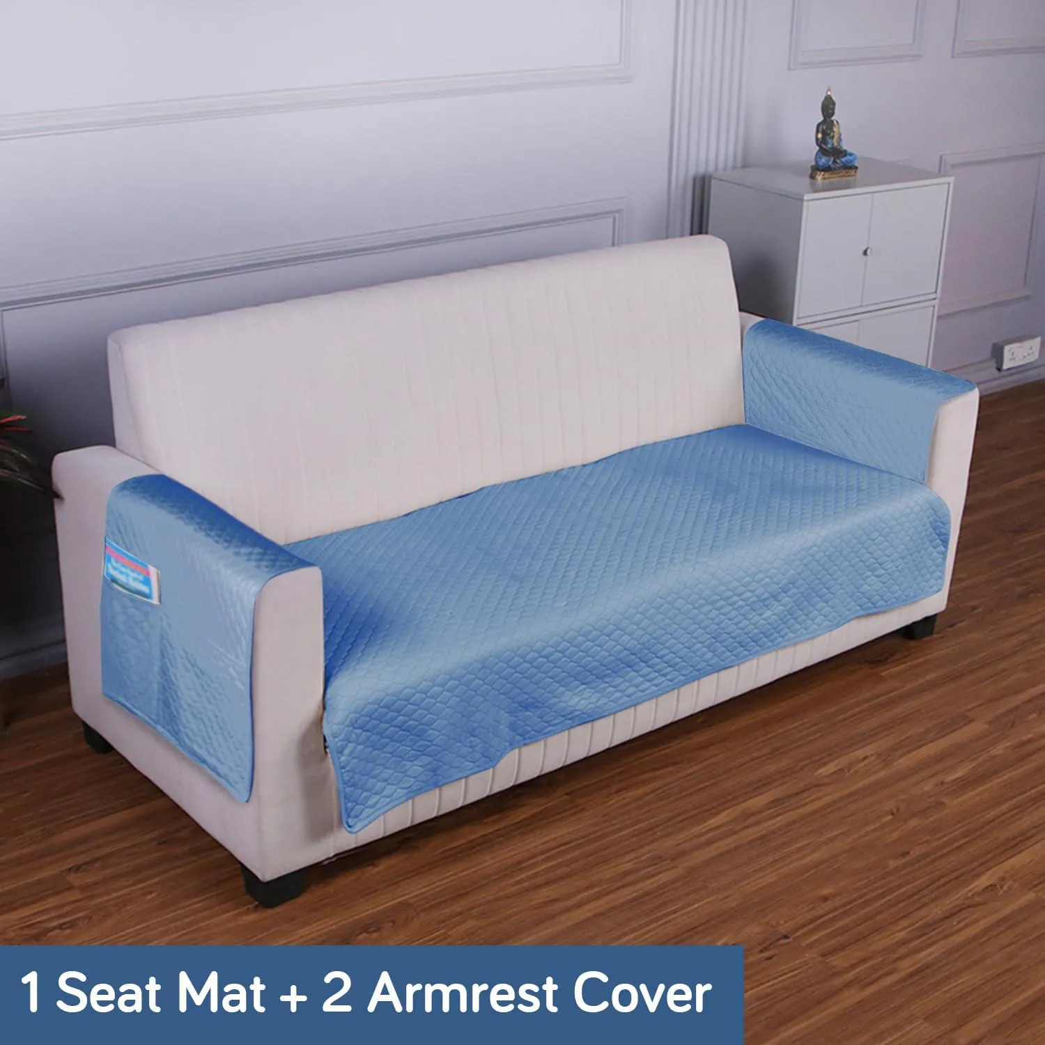 Quilted Sofa Cover Mat with 2 Armrest Covers Pockets, Blue