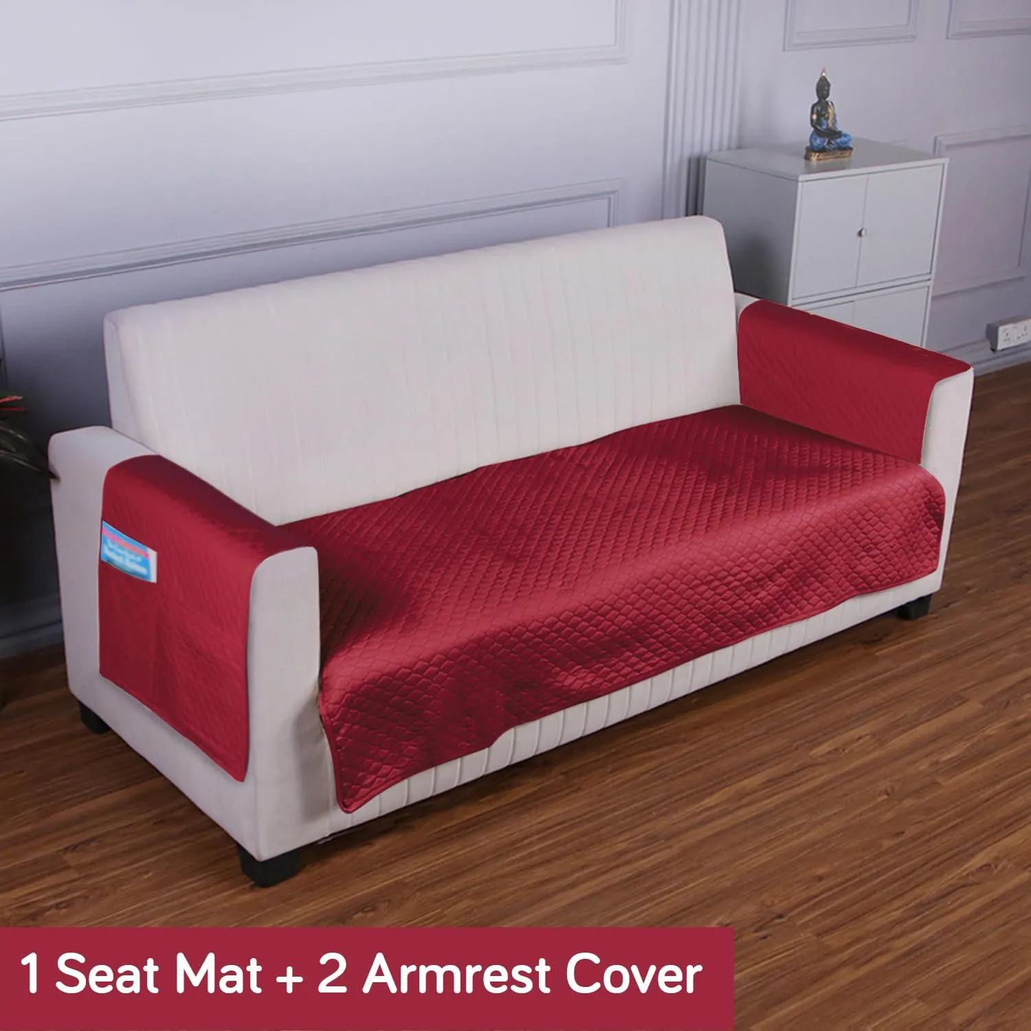 Quilted Sofa Cover Mat with 2 Armrest Covers Pockets, Maroon