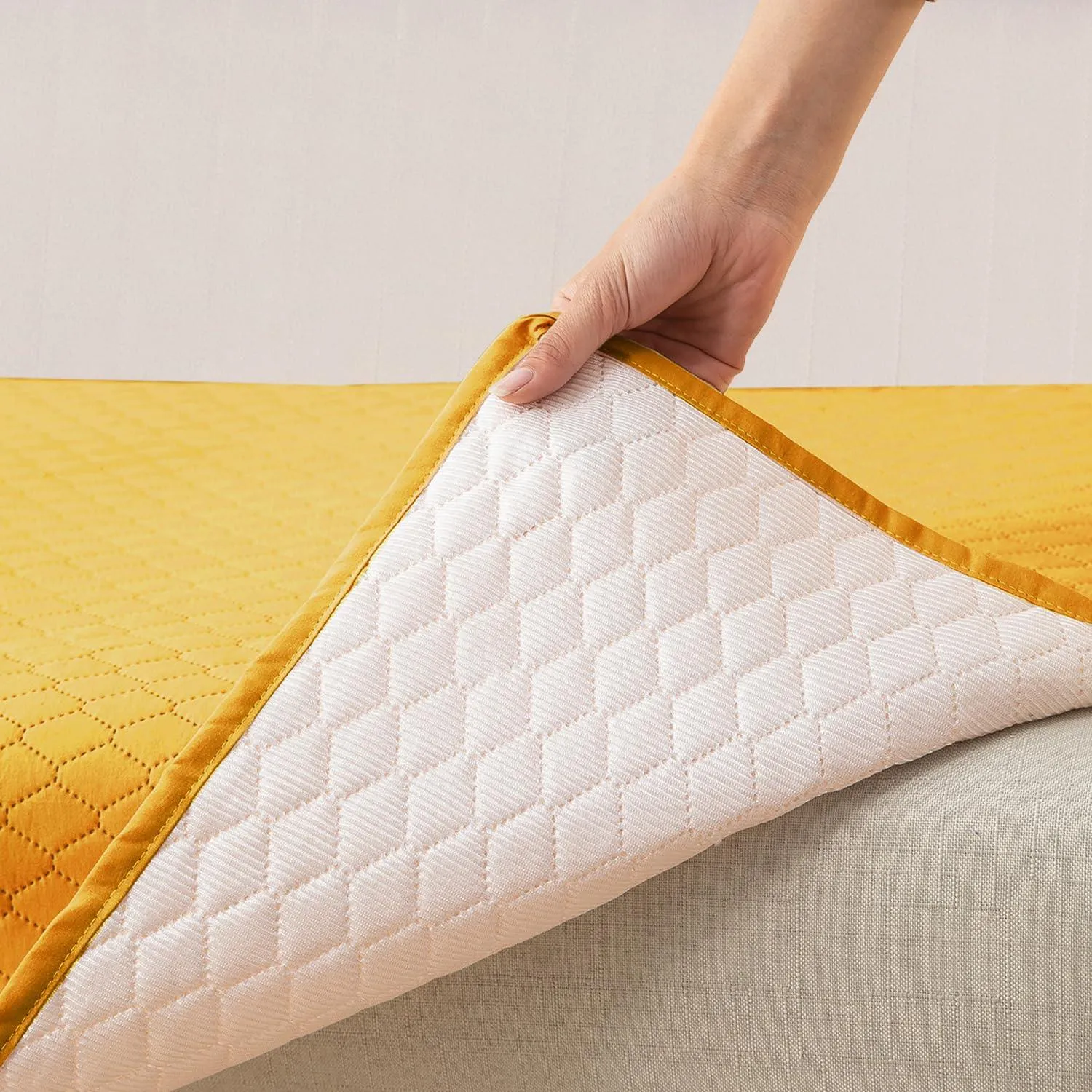 Quilted Sofa Cover Mat with 2 Armrest Covers Pockets, Yellow