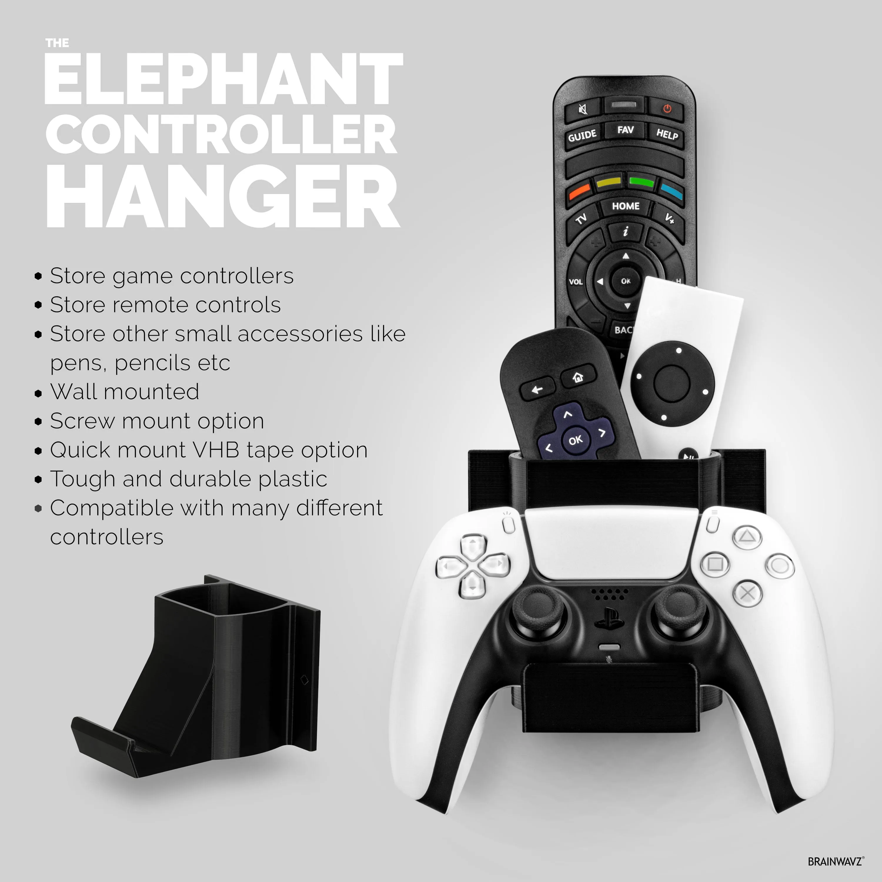 The Elephant - Game Controller & TV Remote Control Wall Mount Holder, Adhesive & Screw In, Universal Design for Xbox ONE PS5 PS4 PC Gamepads