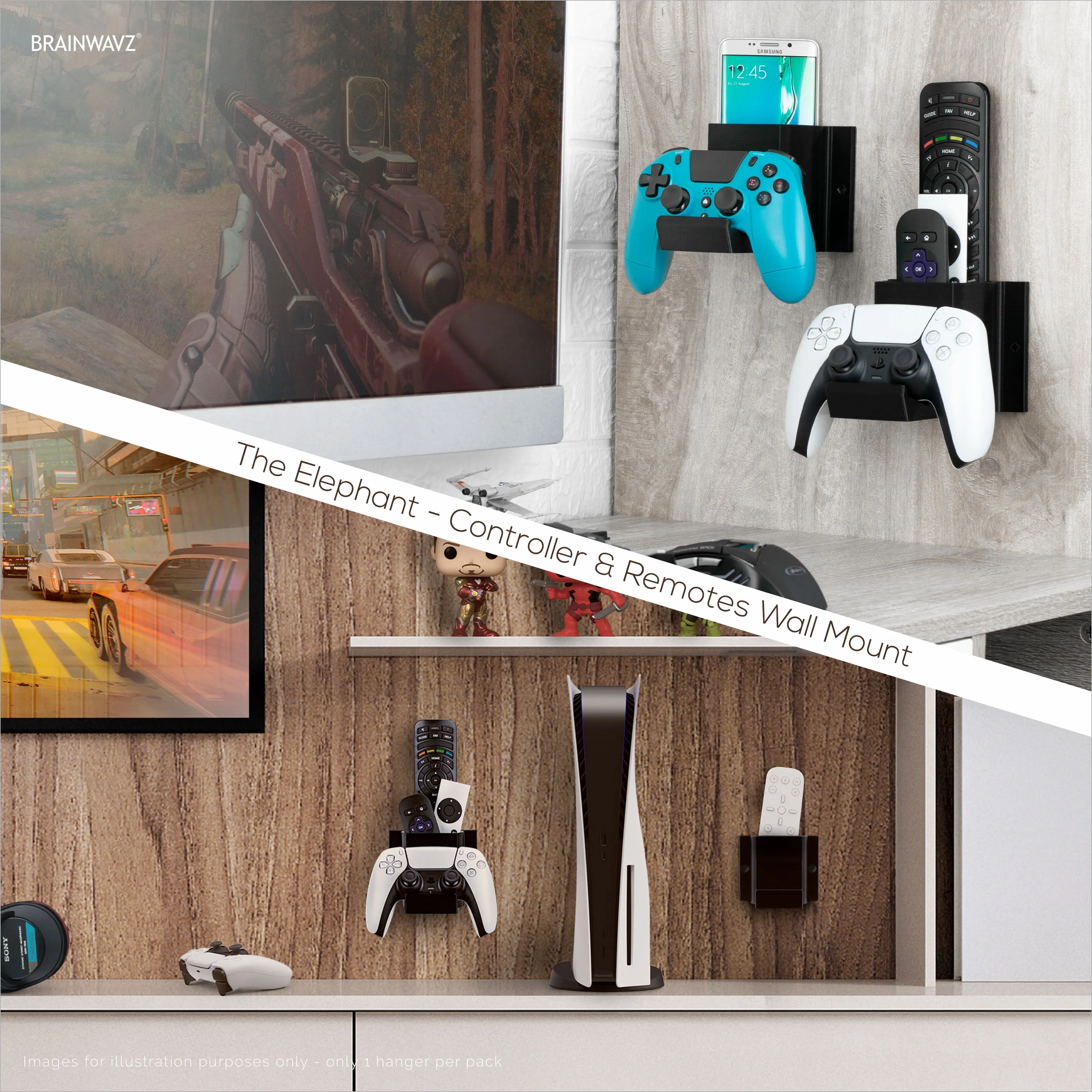 The Elephant - Game Controller & TV Remote Control Wall Mount Holder, Adhesive & Screw In, Universal Design for Xbox ONE PS5 PS4 PC Gamepads